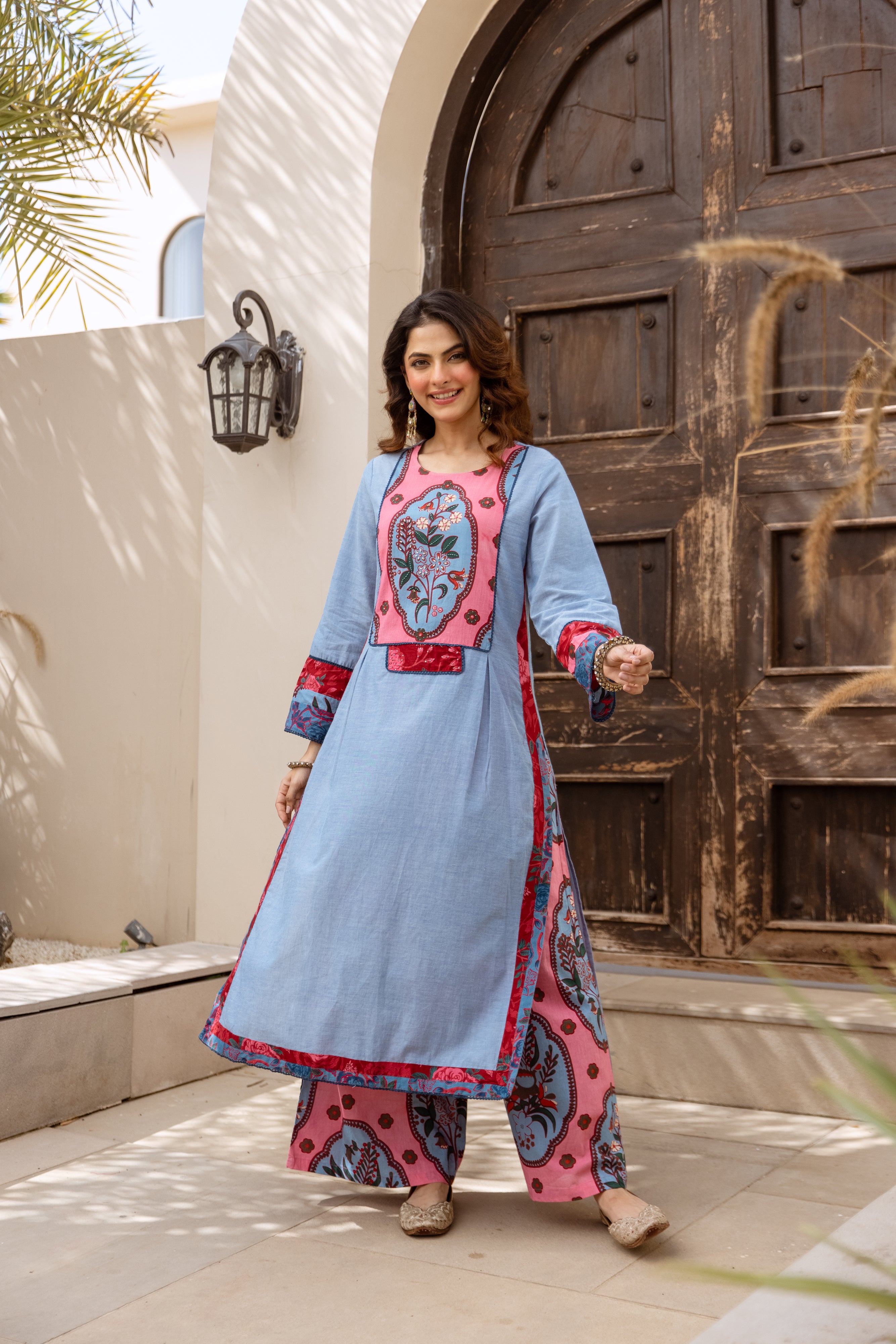 Esha Cotton Printed Powder Blue & Crimson 2-Piece Set (Devri – D.No 20093)
