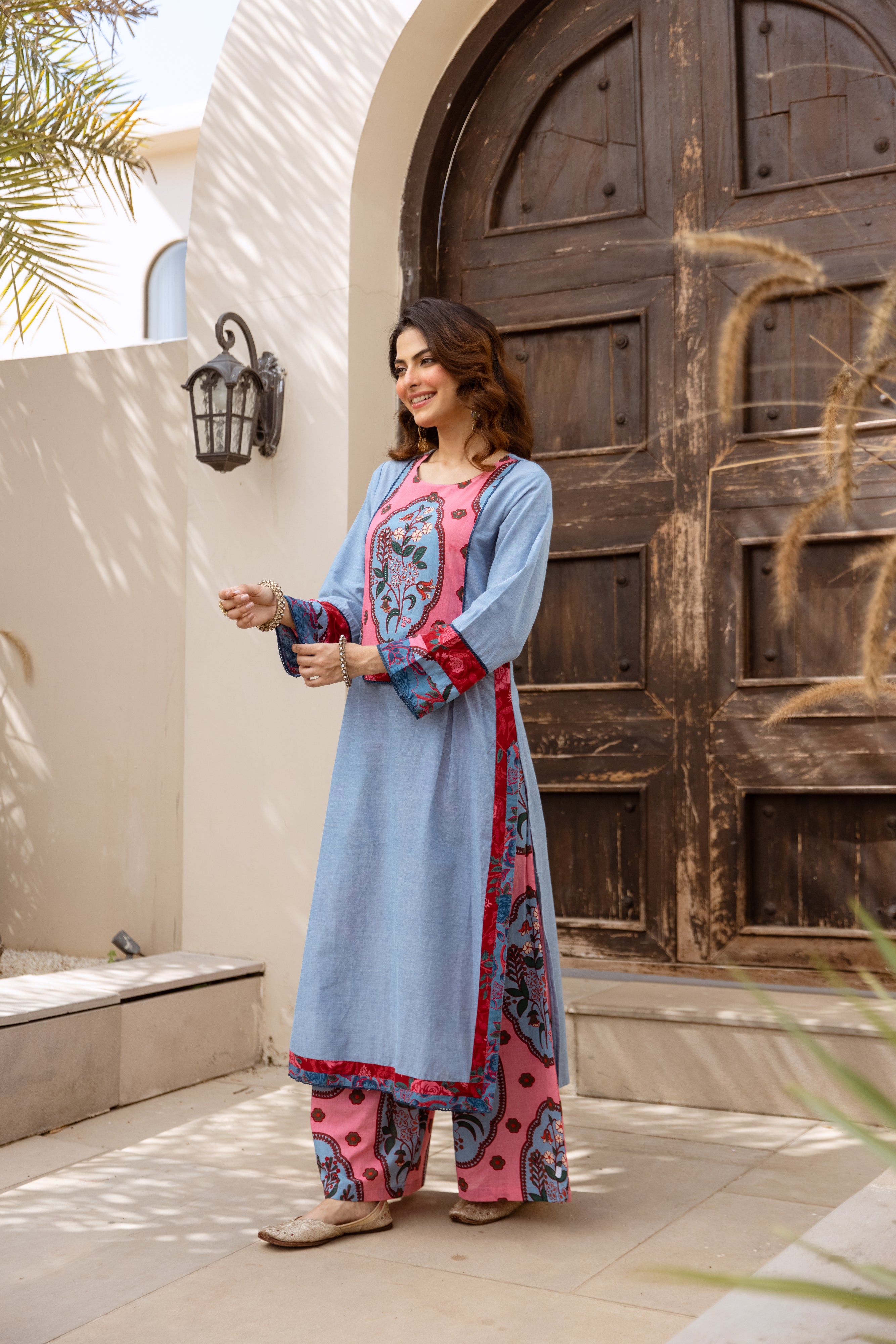 Esha Cotton Printed Powder Blue & Crimson 2-Piece Set (Devri – D.No 20093)