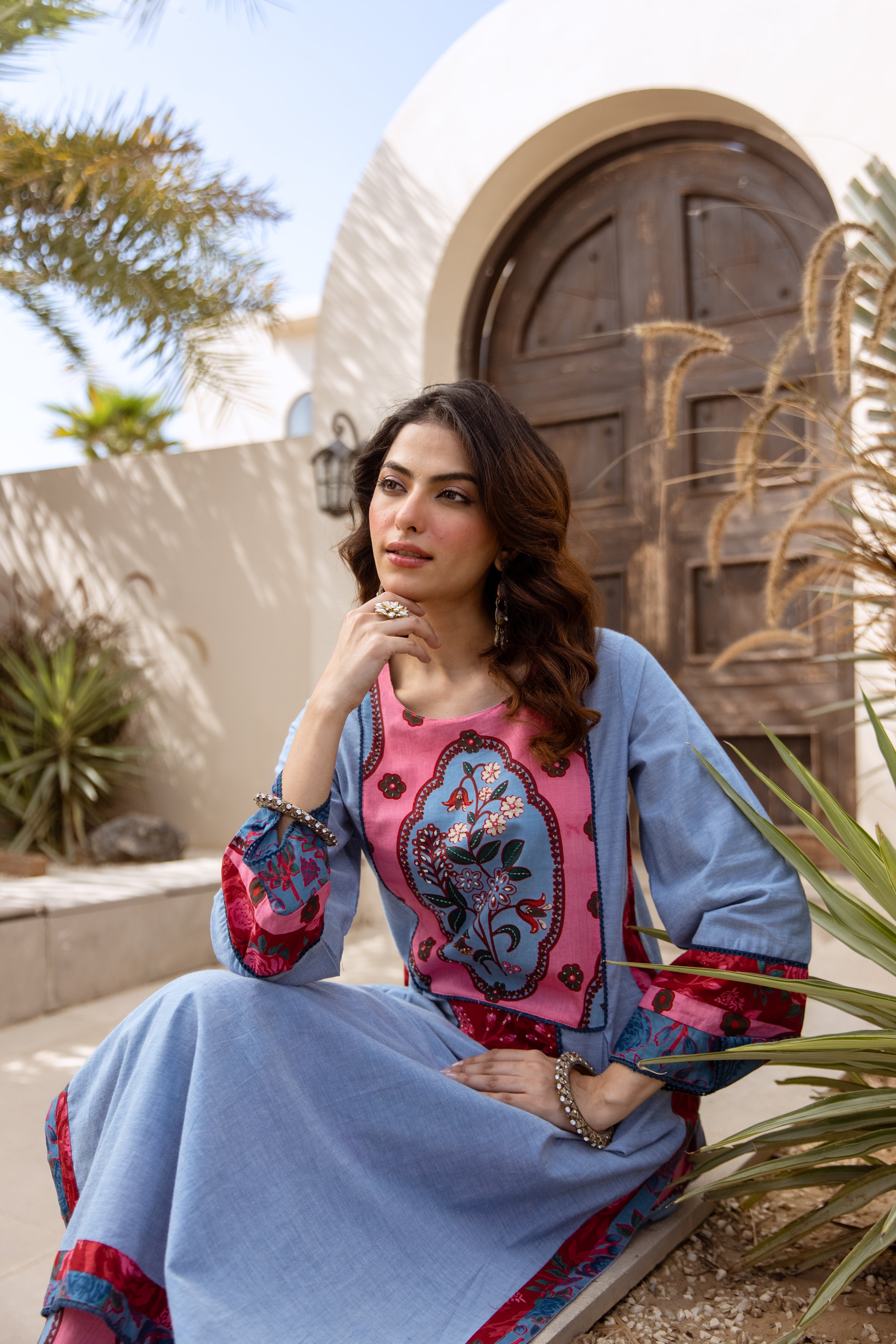 Esha Cotton Printed Powder Blue & Crimson 2-Piece Set (Devri – D.No 20093)