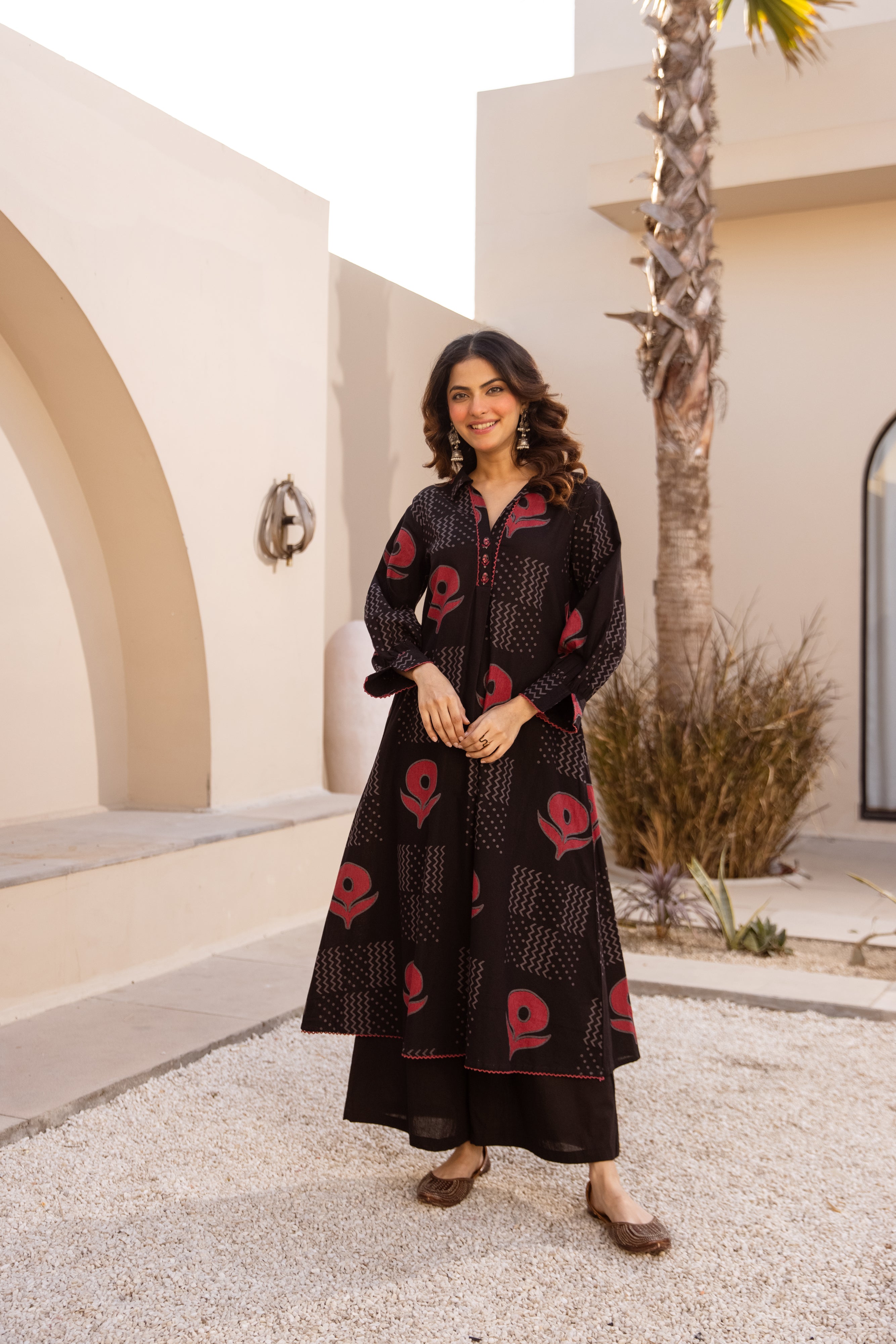 Inika Cotton Printed Ebony & Crimson 2-Piece Set (Devri – D.No 20095)