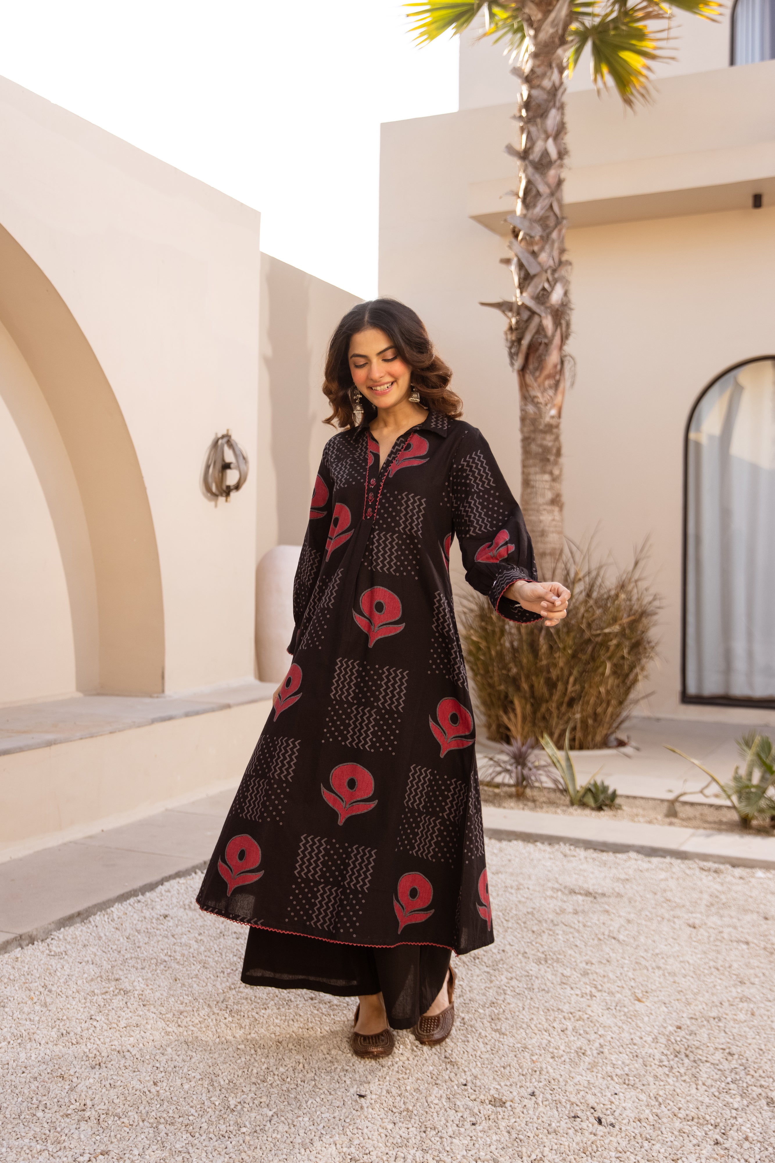 Inika Cotton Printed Ebony & Crimson 2-Piece Set (Devri – D.No 20095)