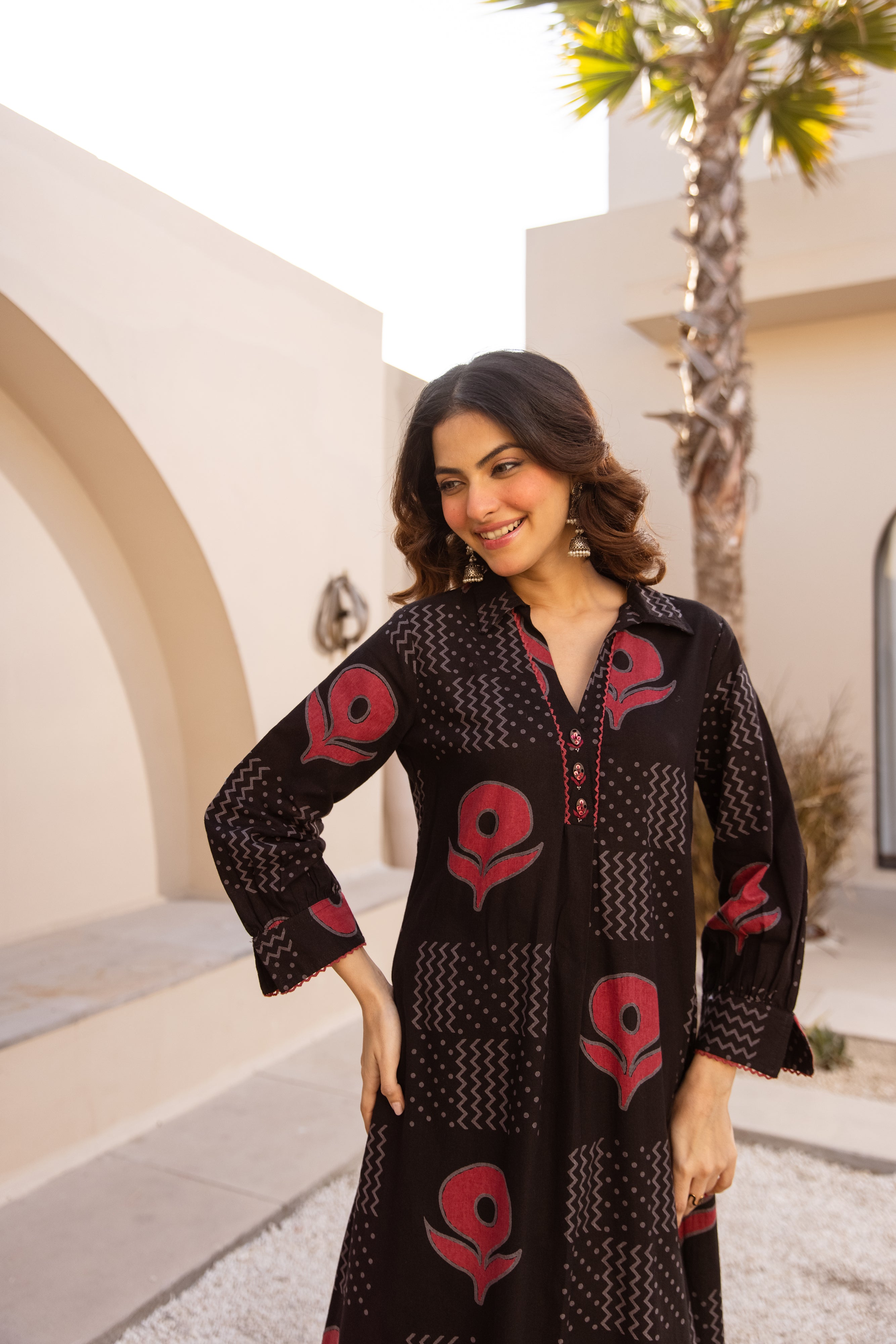 Inika Cotton Printed Ebony & Crimson 2-Piece Set (Devri – D.No 20095)