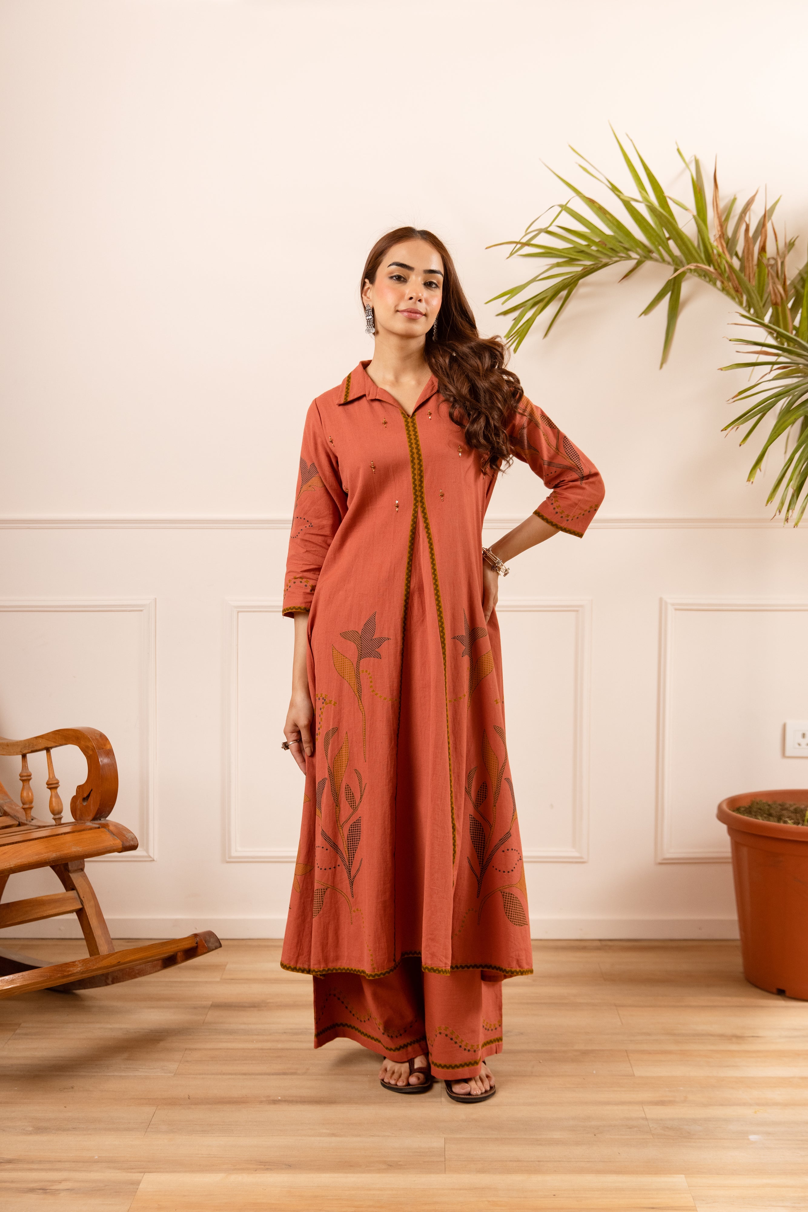 Inara Cotton Embroidered Terracotta 2-Piece Set (Devri – D.No 20091)