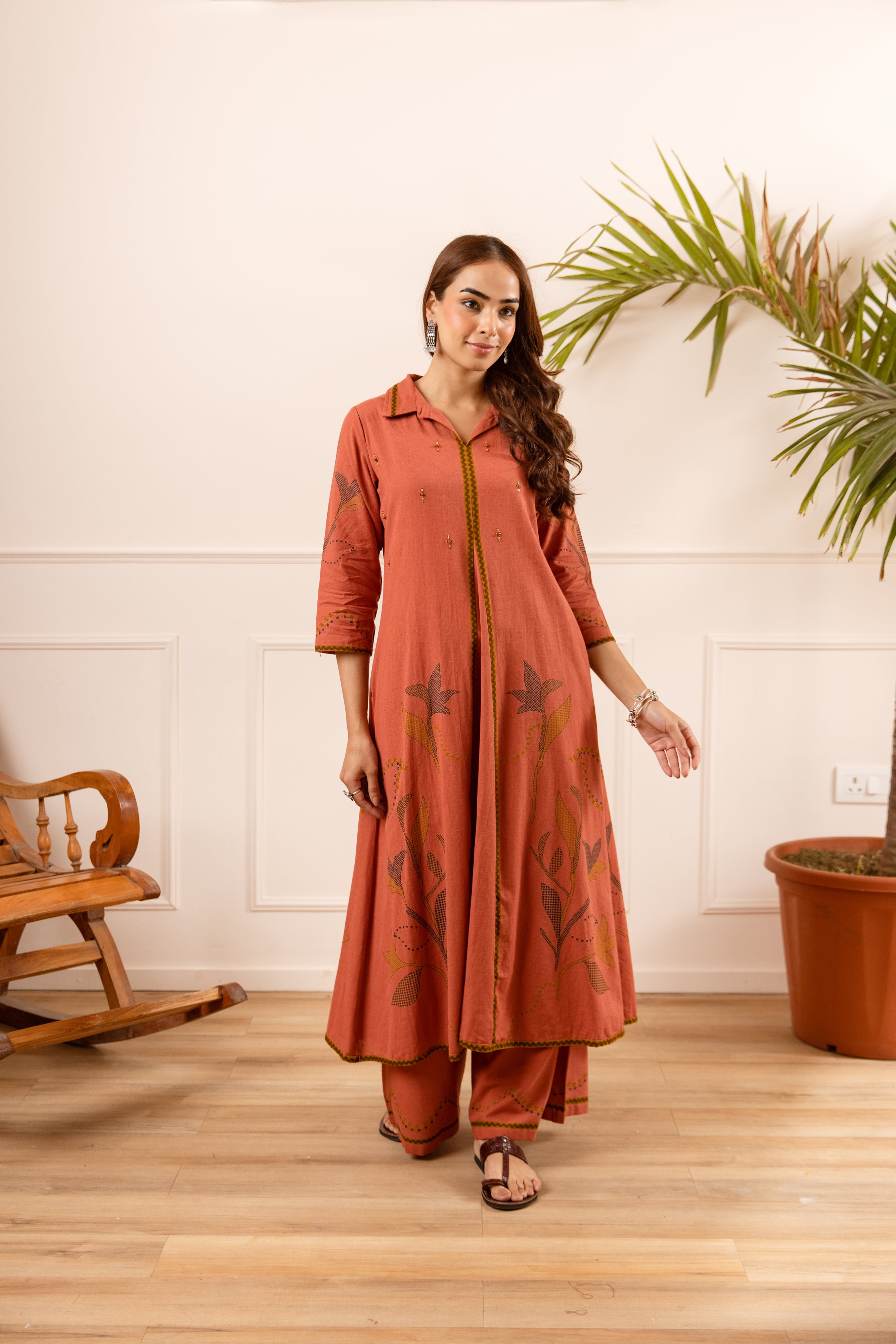 Inara Cotton Embroidered Terracotta 2-Piece Set (Devri – D.No 20091)