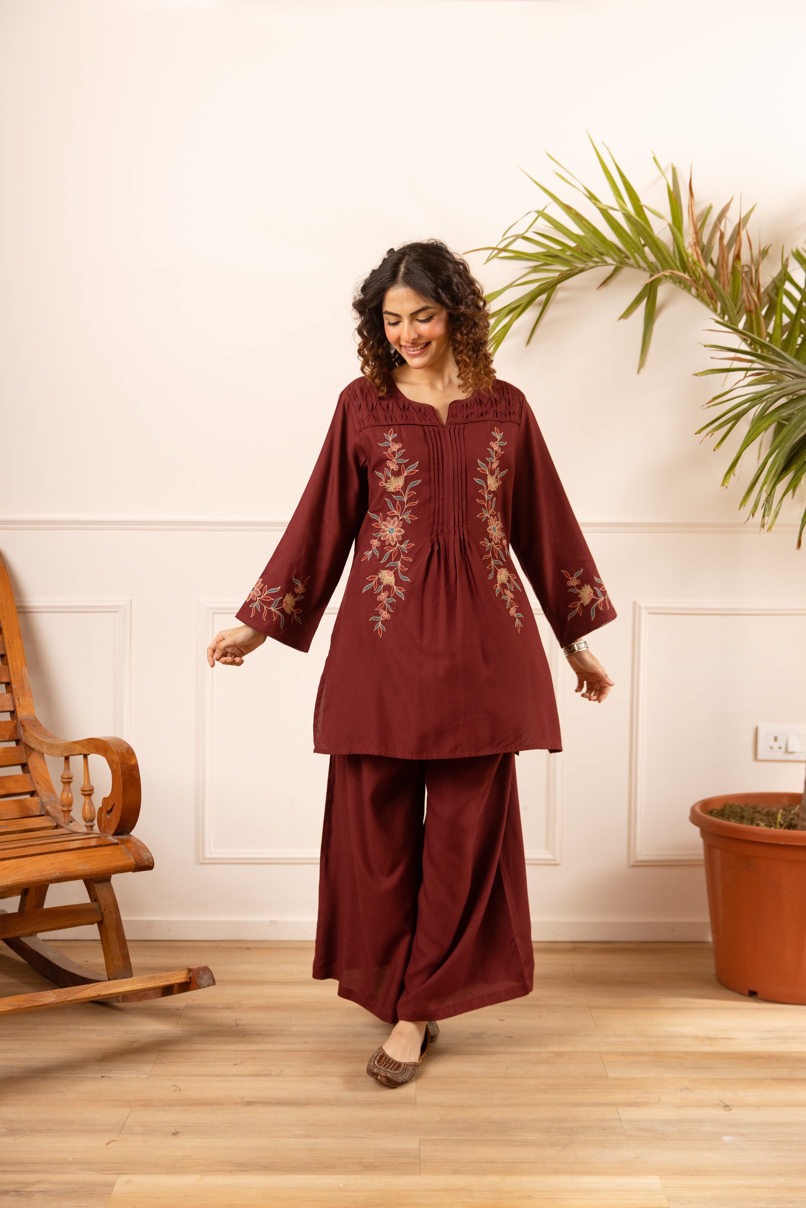 Ishani Cotton Embroidered Maroon 2-Piece Set (Devri – D.No 21004)