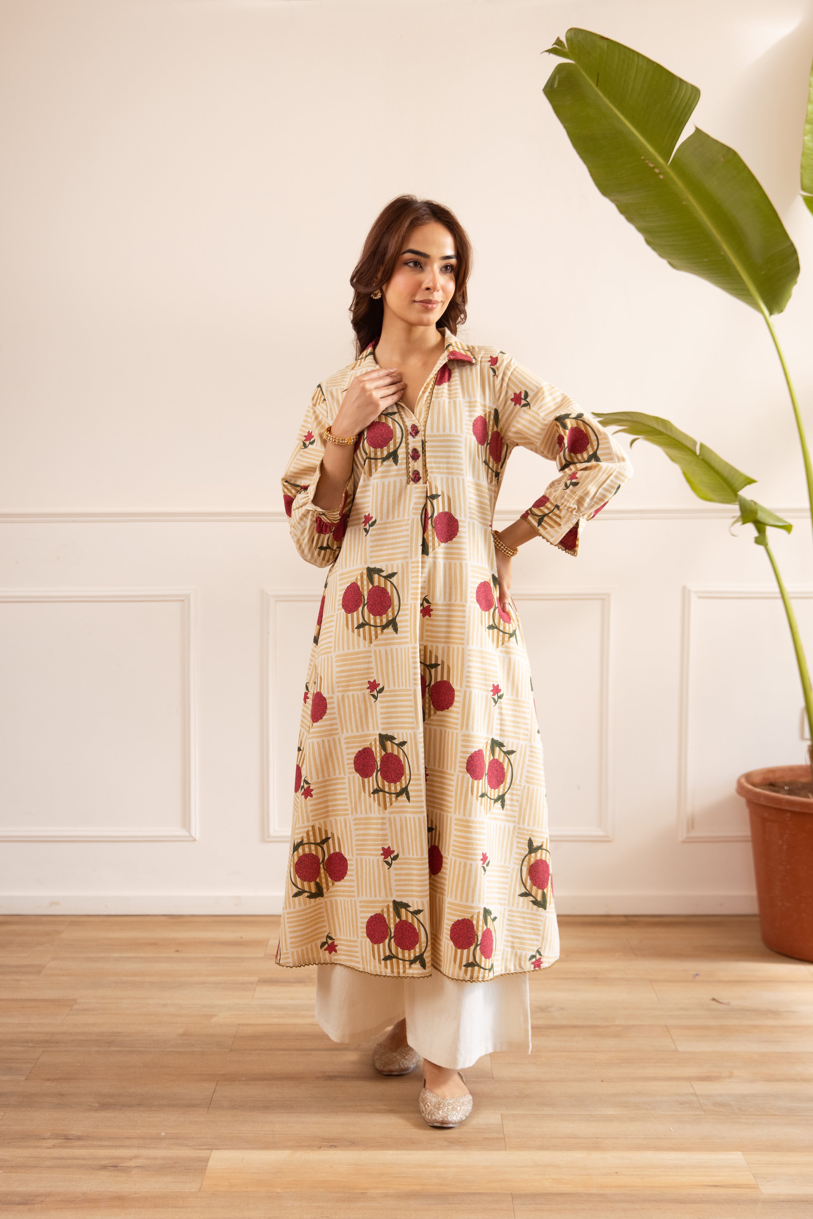 Gulnaar Pure cotton Printed Beige 3-Piece Set (Devri – D.No 21045)