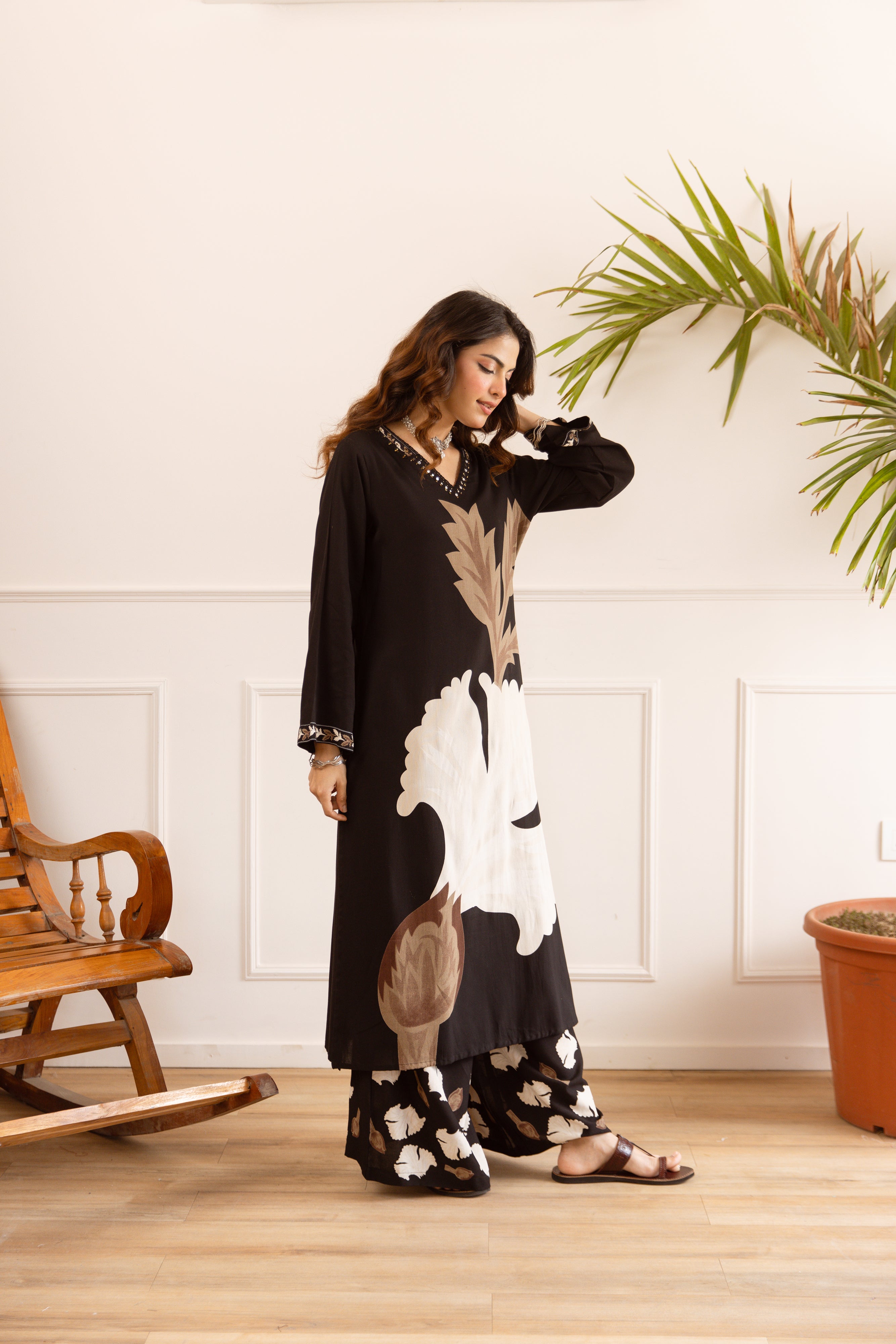 Gulnaar German Reyon Printed Black 2-Piece Set (Devri – D.No 21016)