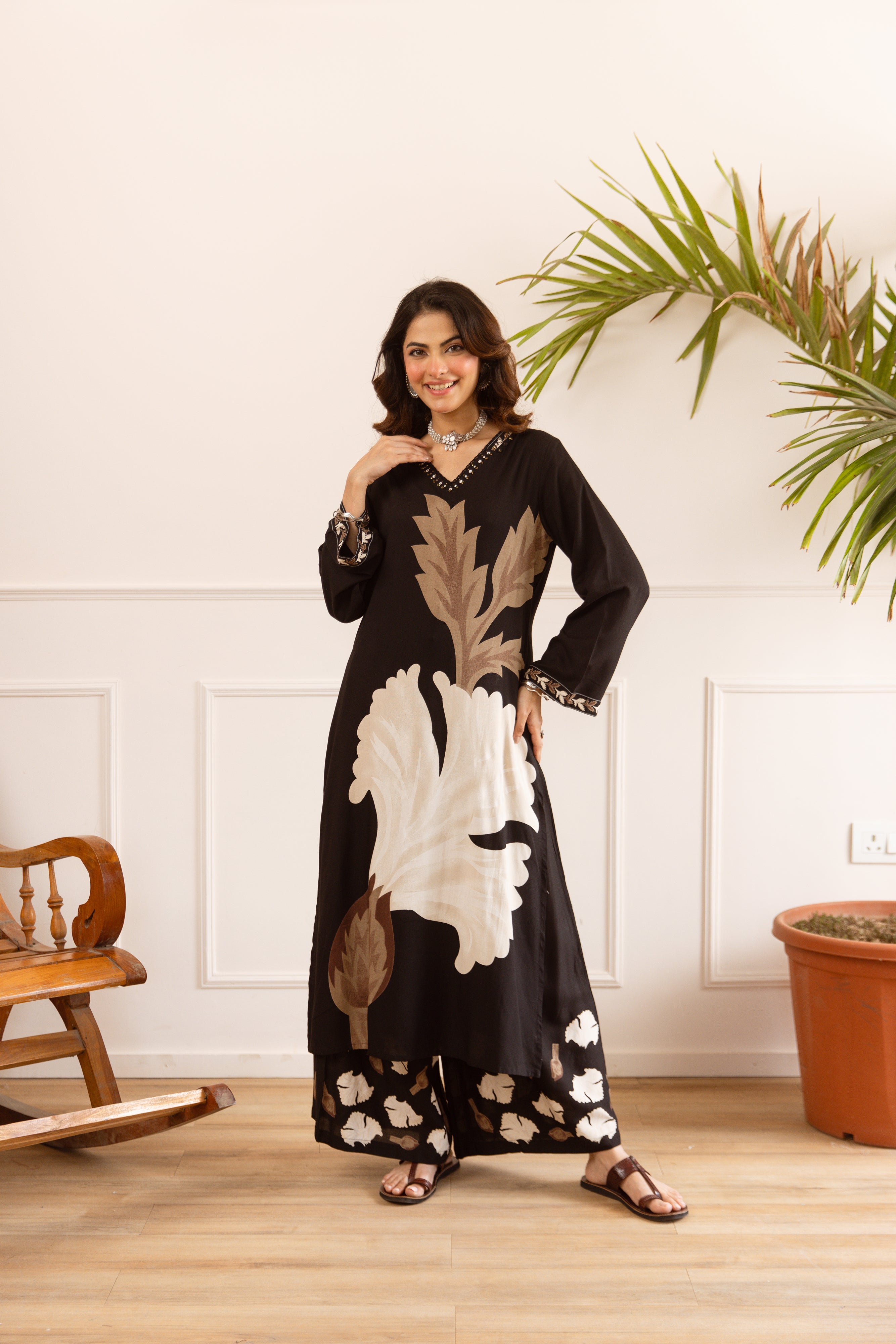 Gulnaar German Reyon Printed Black 2-Piece Set (Devri – D.No 21016)