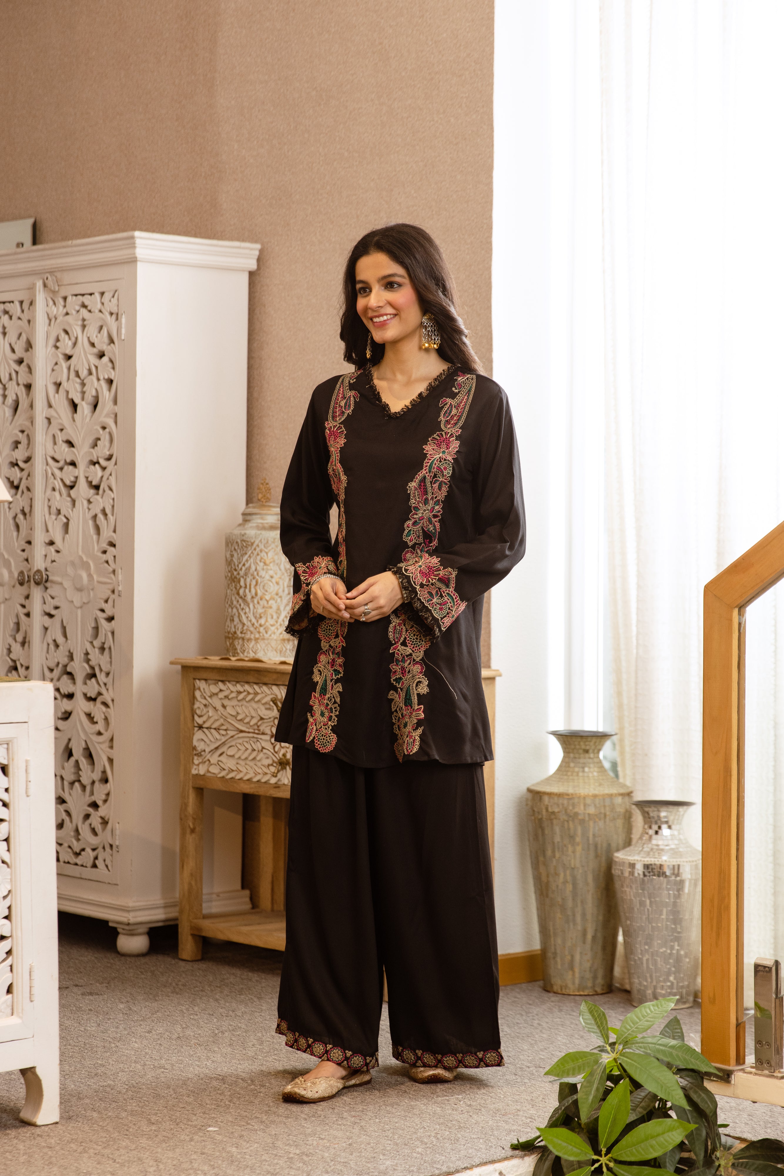 Nayra German Rayon Embroidered Black 2-Piece Set (Devri – D.No 20054)