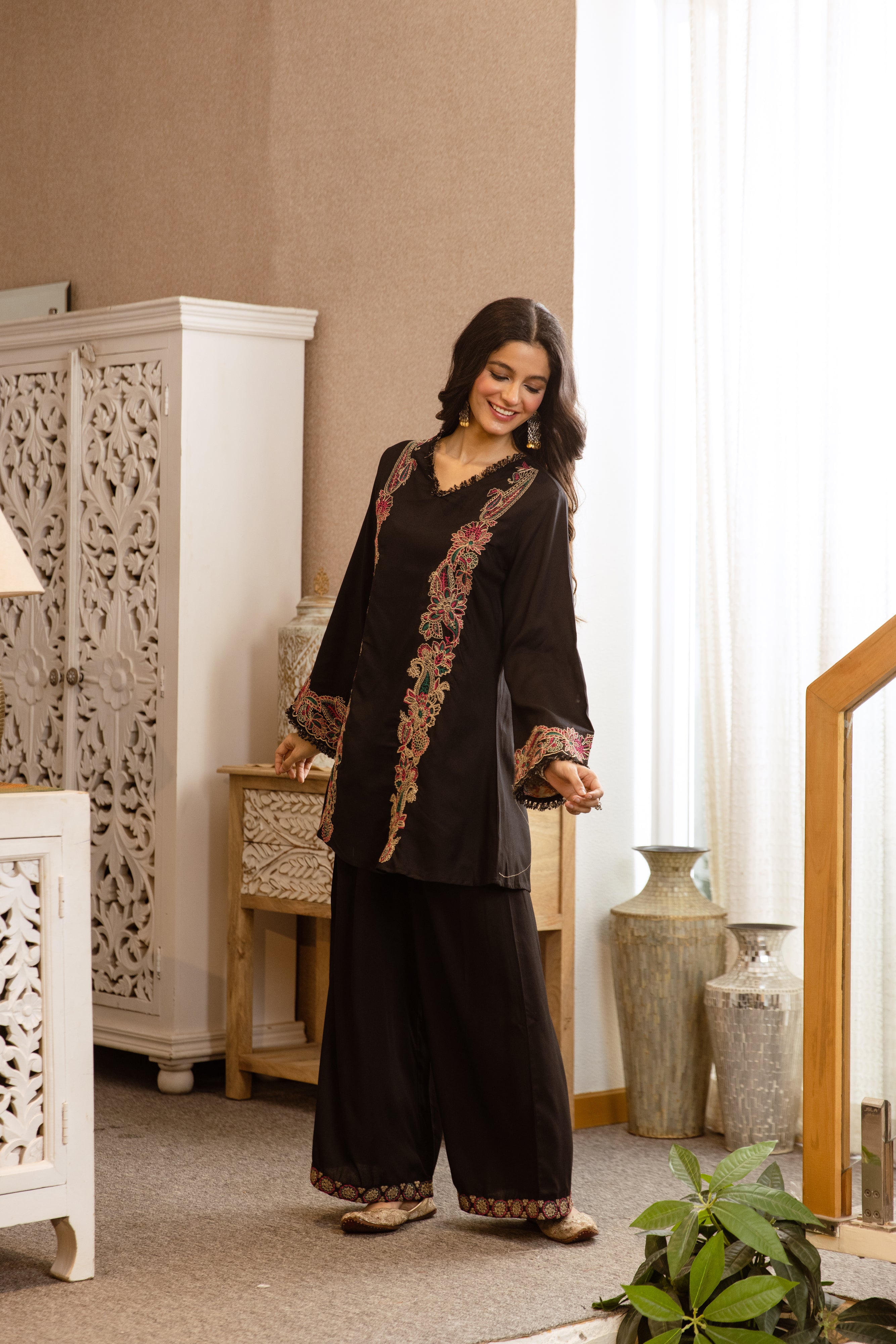 Nayra German Rayon Embroidered Black 2-Piece Set (Devri – D.No 20054)