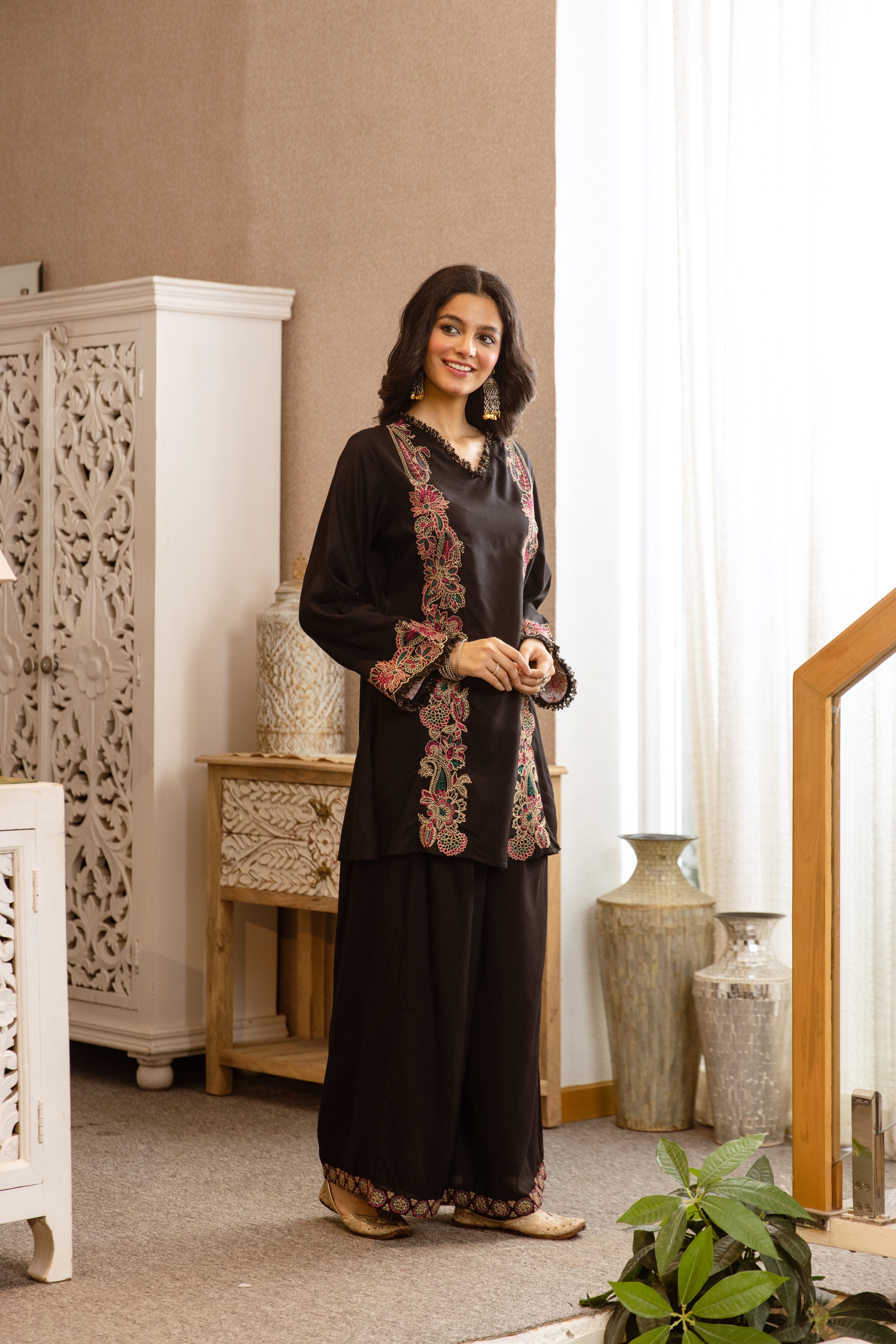 Nayra German Rayon Embroidered Black 2-Piece Set (Devri – D.No 20054)