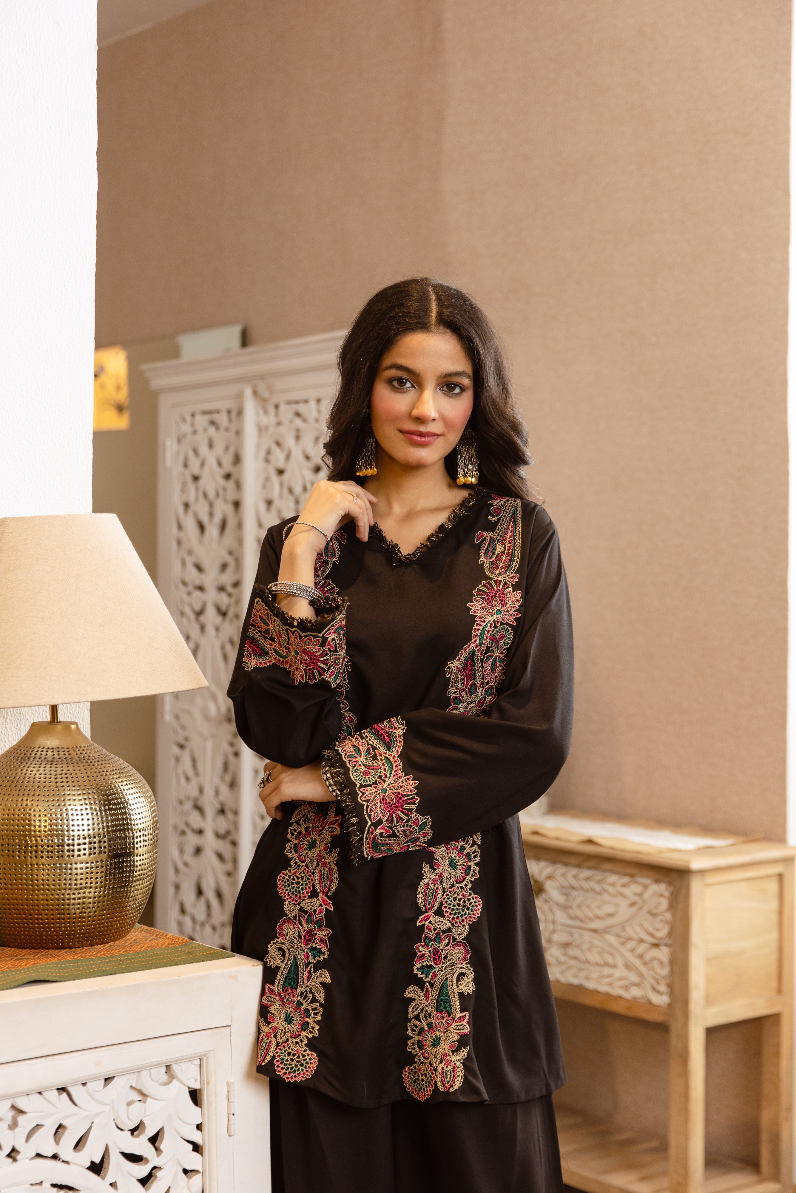 Nayra German Rayon Embroidered Black 2-Piece Set (Devri – D.No 20054)