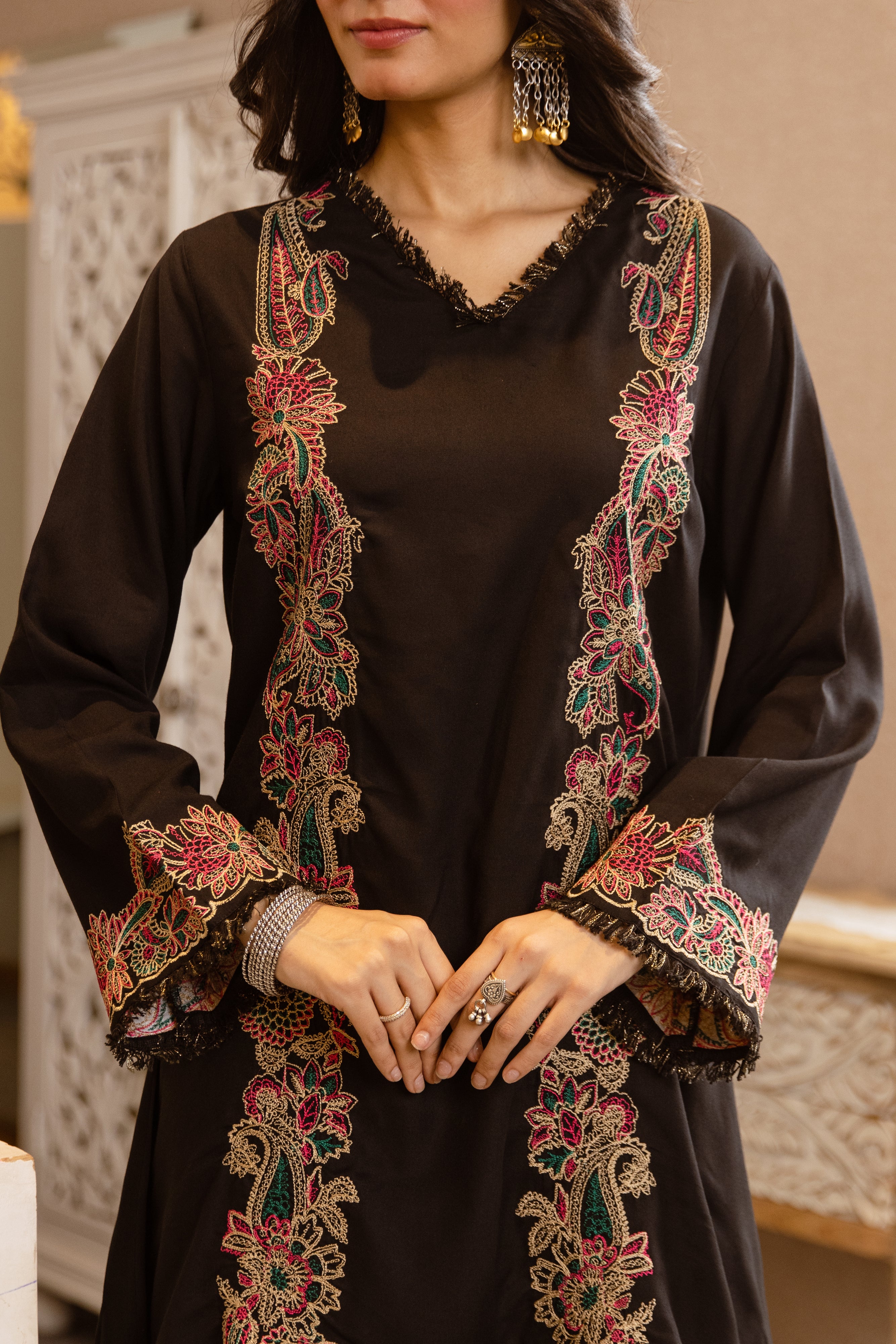 Nayra German Rayon Embroidered Black 2-Piece Set (Devri – D.No 20054)