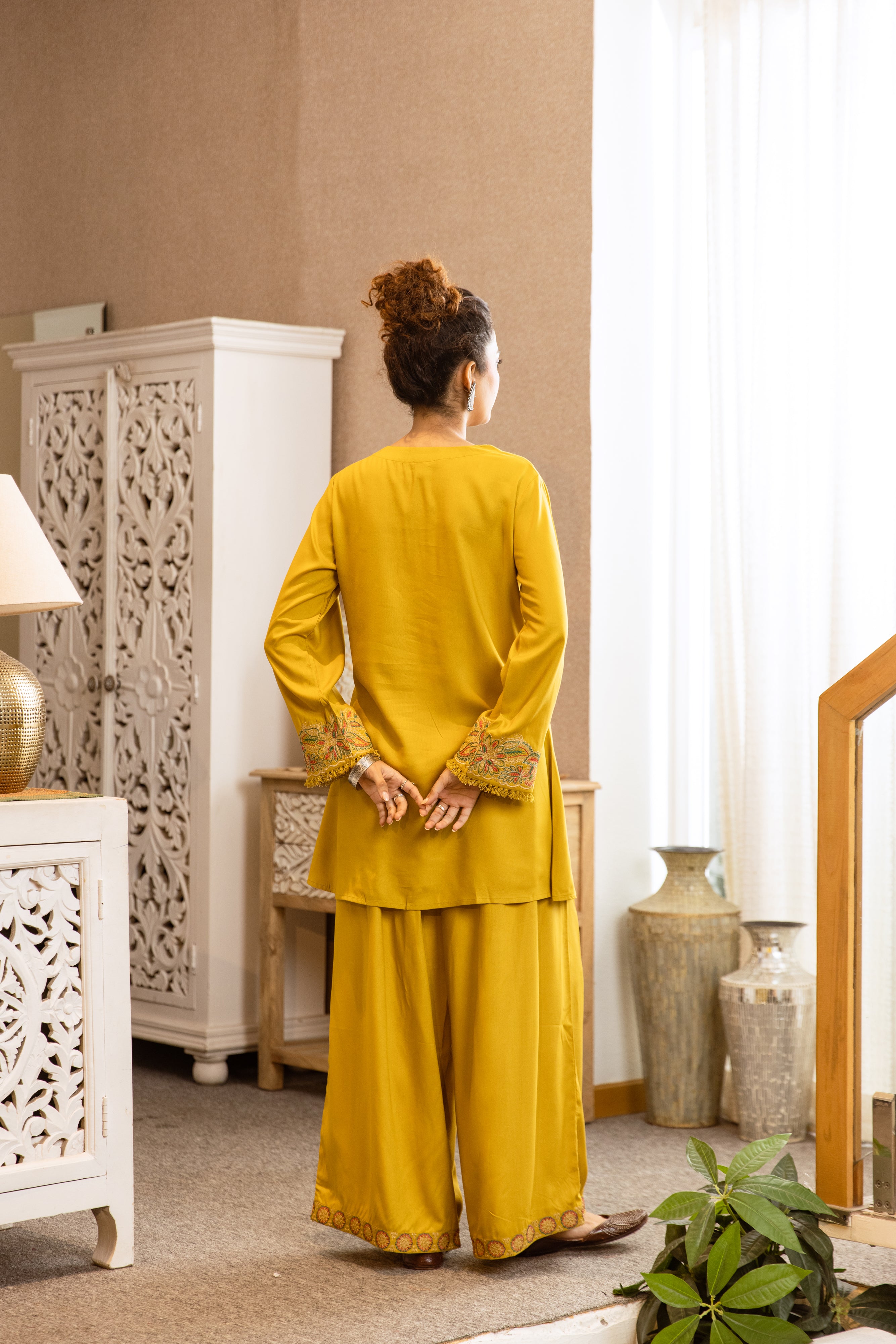 Aarohi German Rayon Embroidered Mustard 2-Piece Set (Devri – D.No 20055)