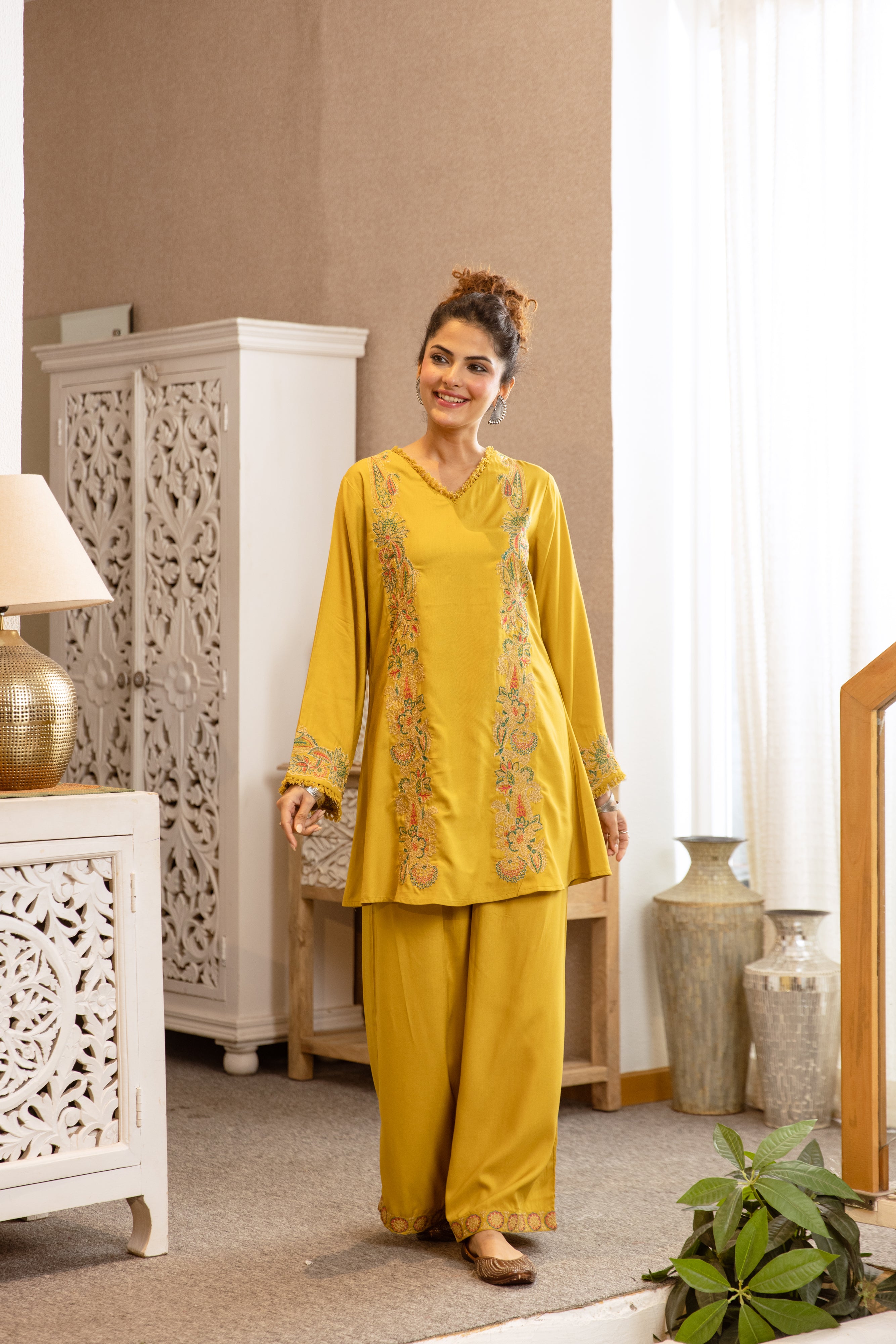 Aarohi German Rayon Embroidered Mustard 2-Piece Set (Devri – D.No 20055)