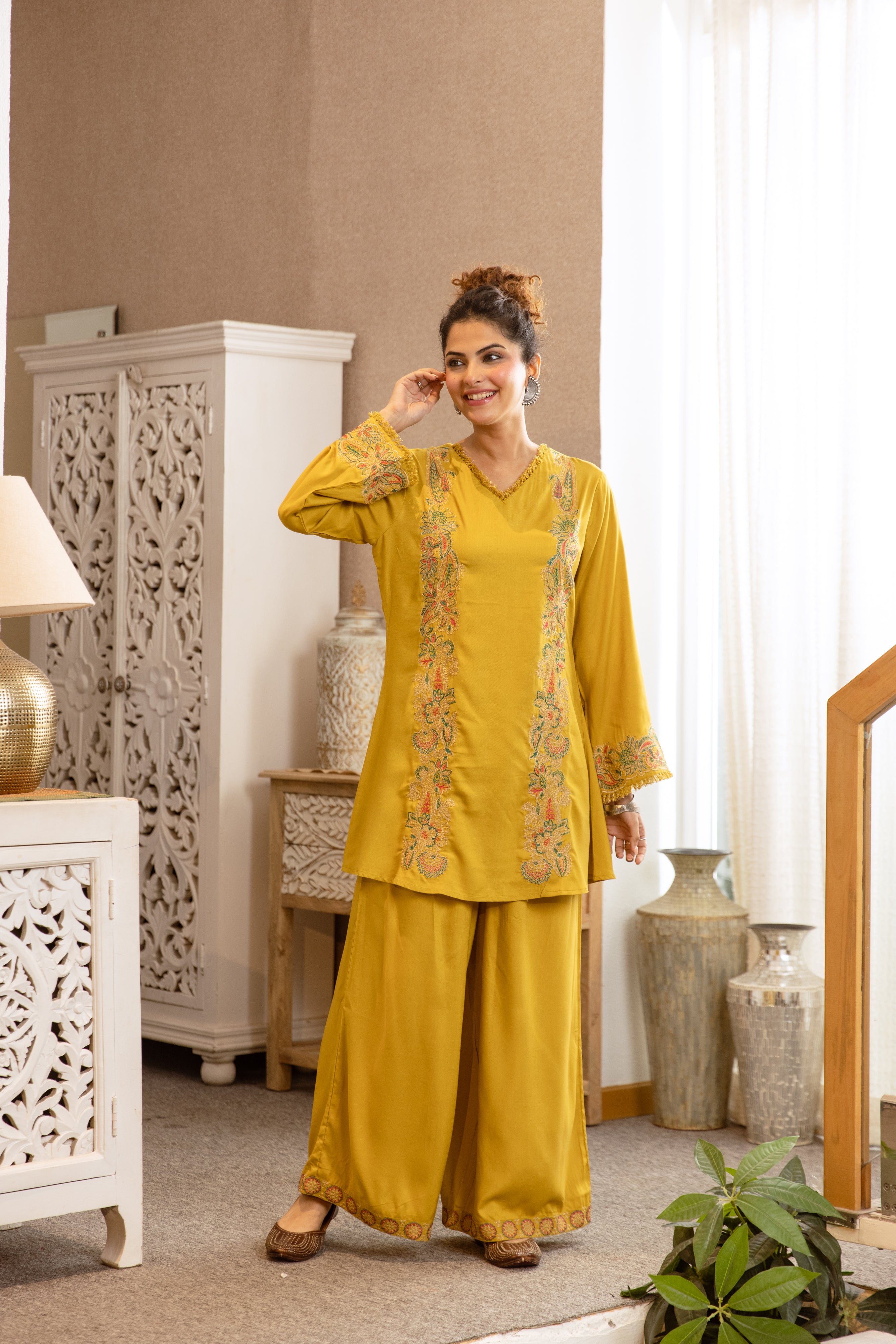 Aarohi German Rayon Embroidered Mustard 2-Piece Set (Devri – D.No 20055)