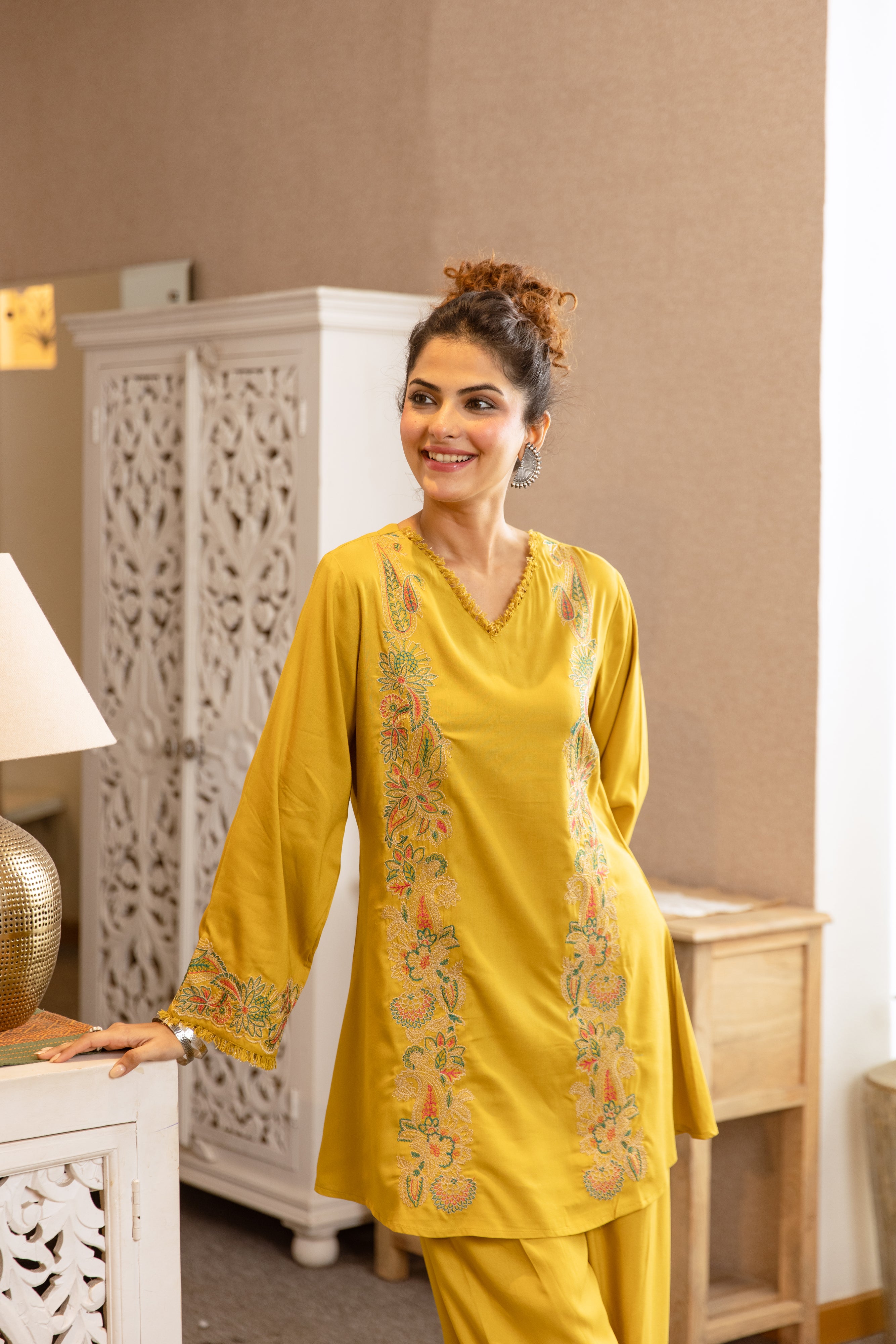 Aarohi German Rayon Embroidered Mustard 2-Piece Set (Devri – D.No 20055)