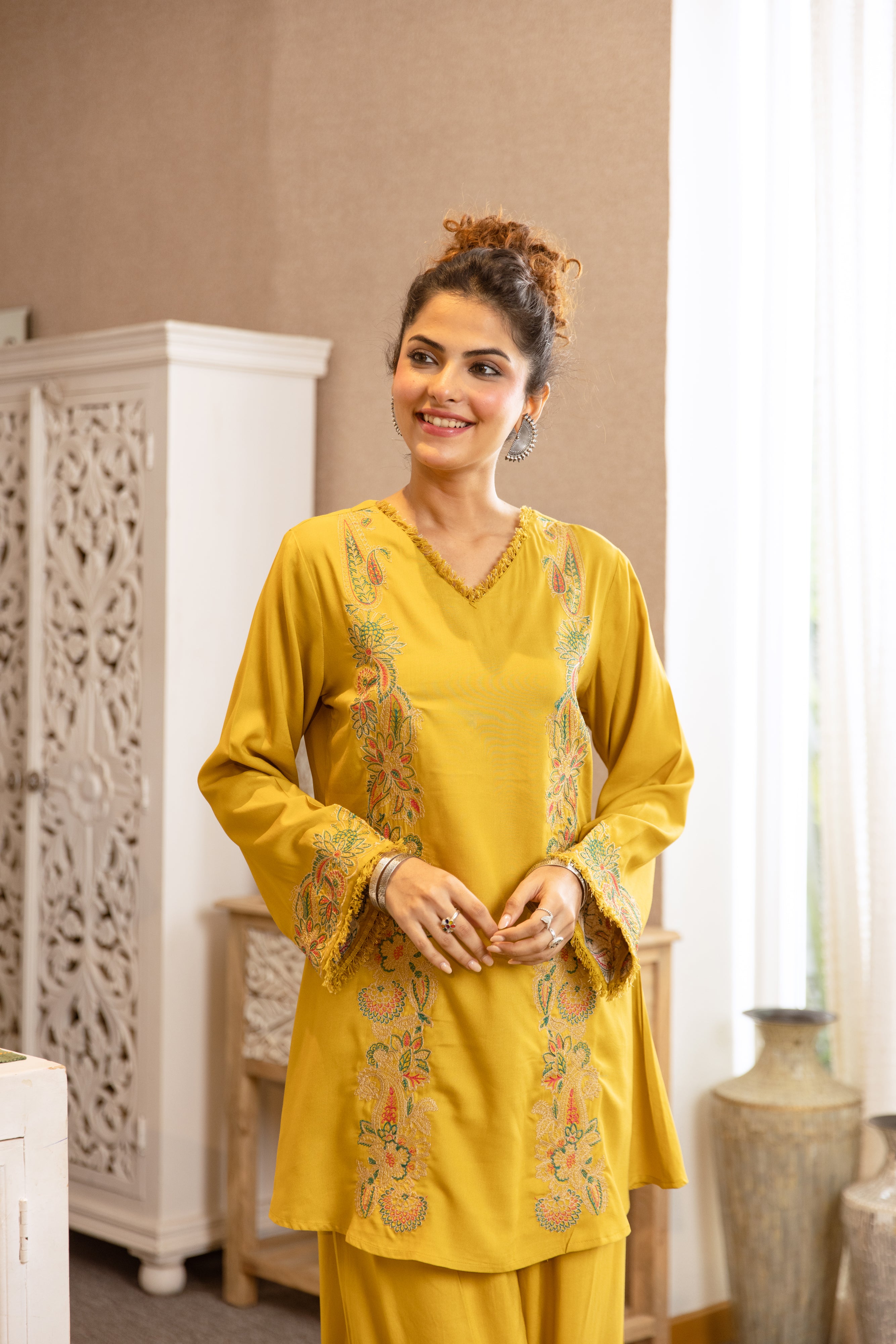 Aarohi German Rayon Embroidered Mustard 2-Piece Set (Devri – D.No 20055)