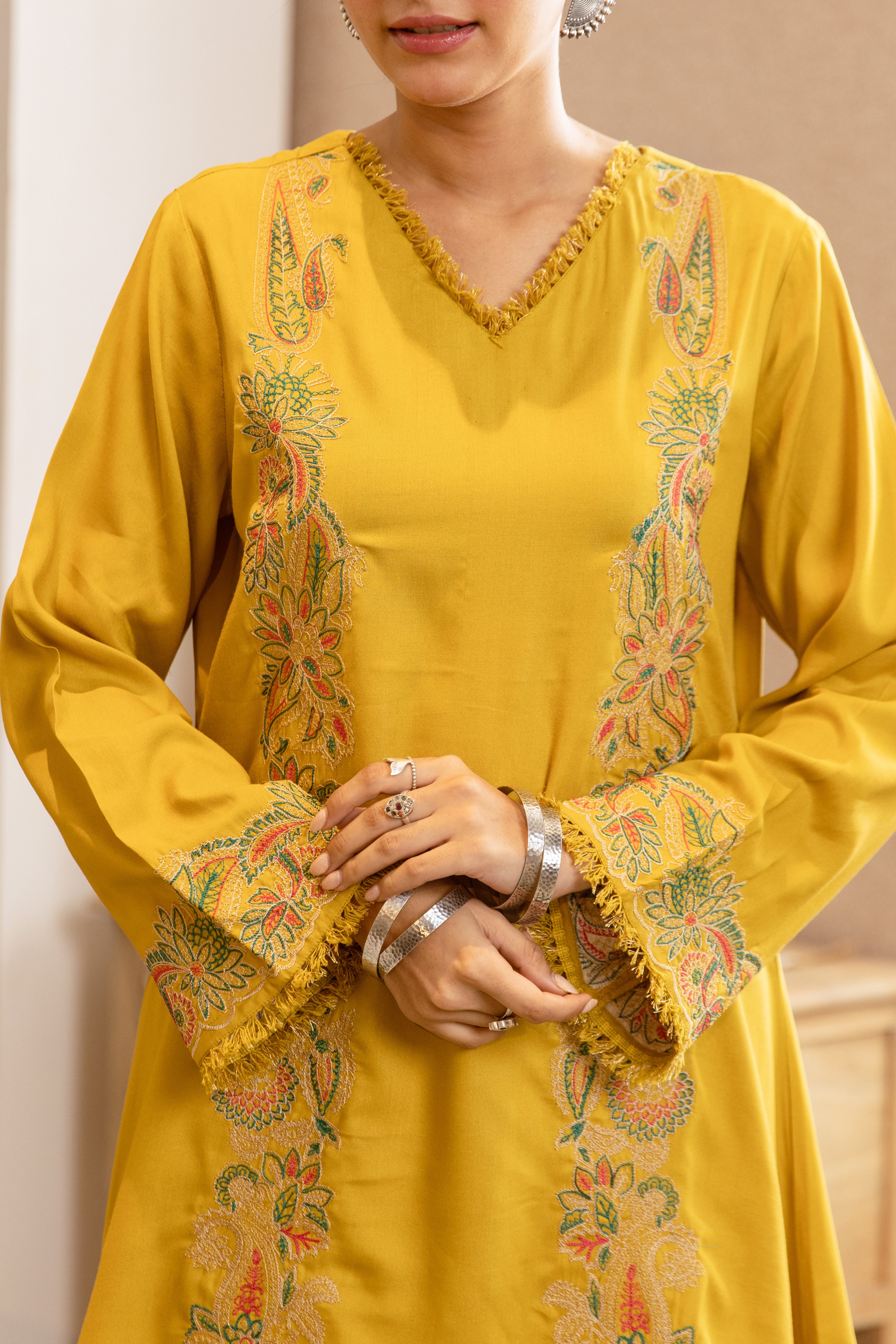 Aarohi German Rayon Embroidered Mustard 2-Piece Set (Devri – D.No 20055)