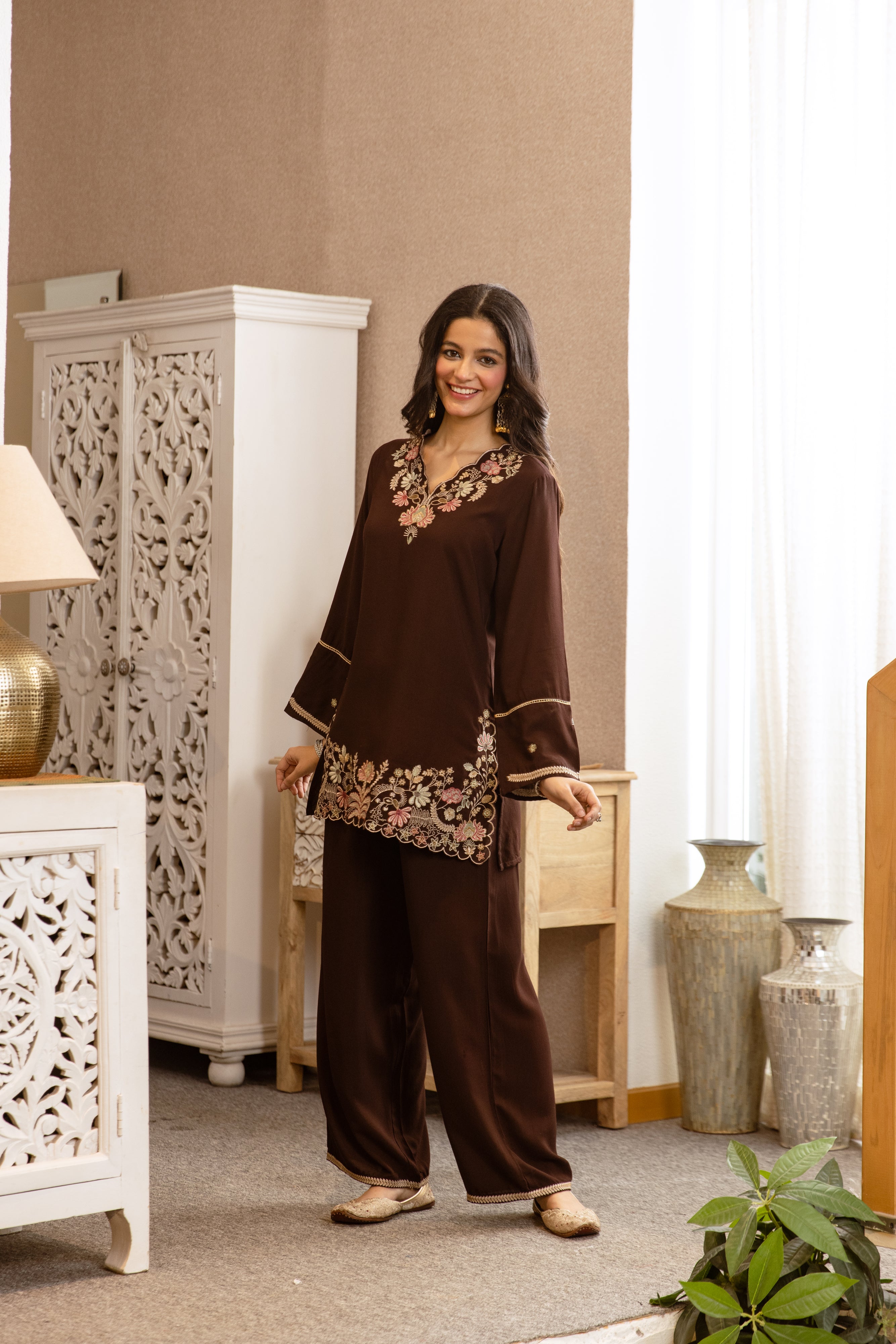 Vasundhara German Reyon Embroidered Brown 2-Piece Set (Devri – D.No 20066)