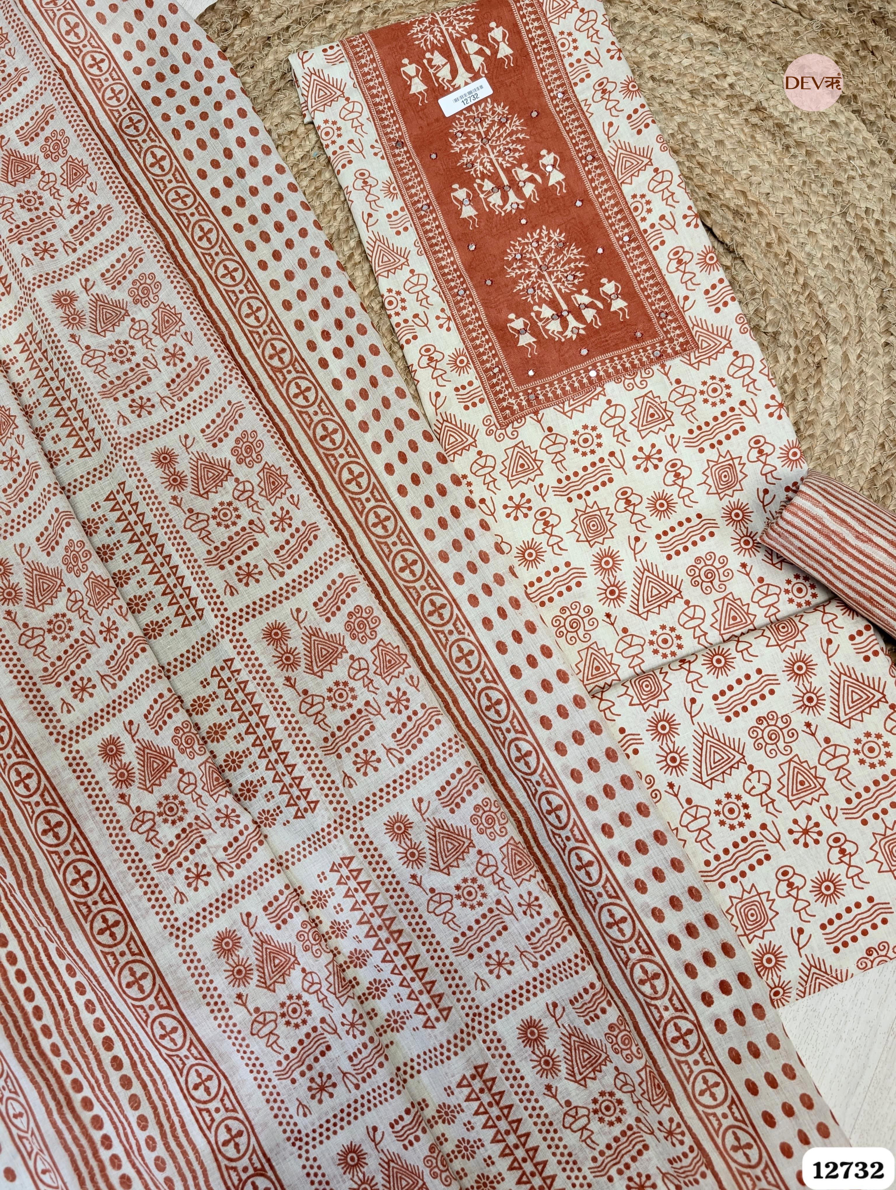Rust and Ivory Cotton Printed Unstitched 3-Piece Suit (Devri – D.No 12732)
