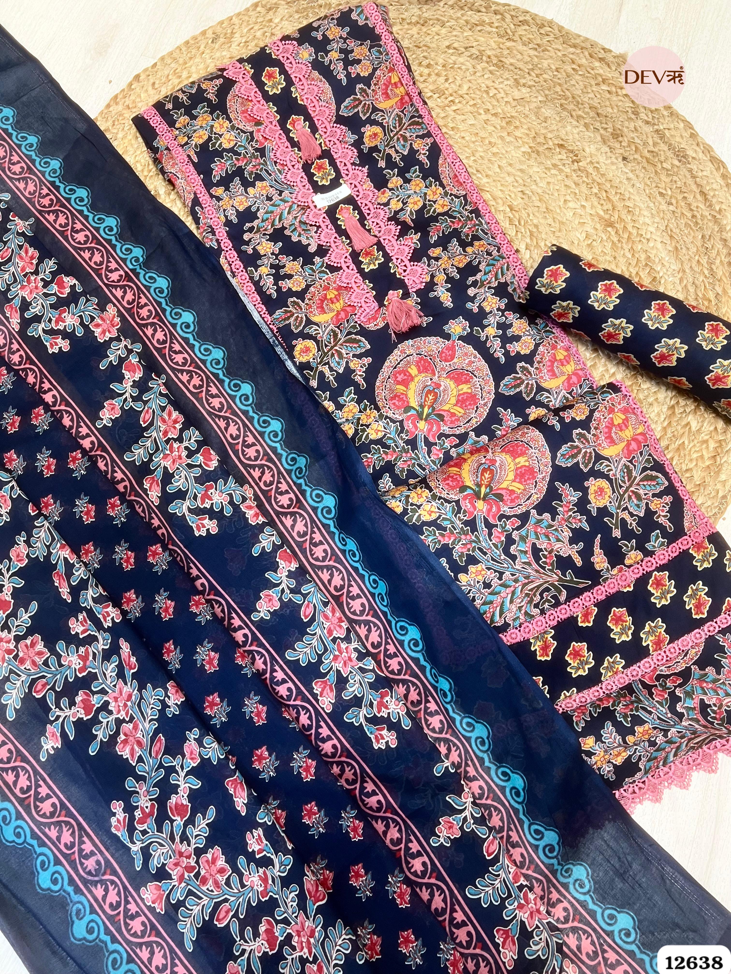 Navy Blue Cotton Floral Printed Unstitched 3-Piece Suit (Devri – D.No 12638)