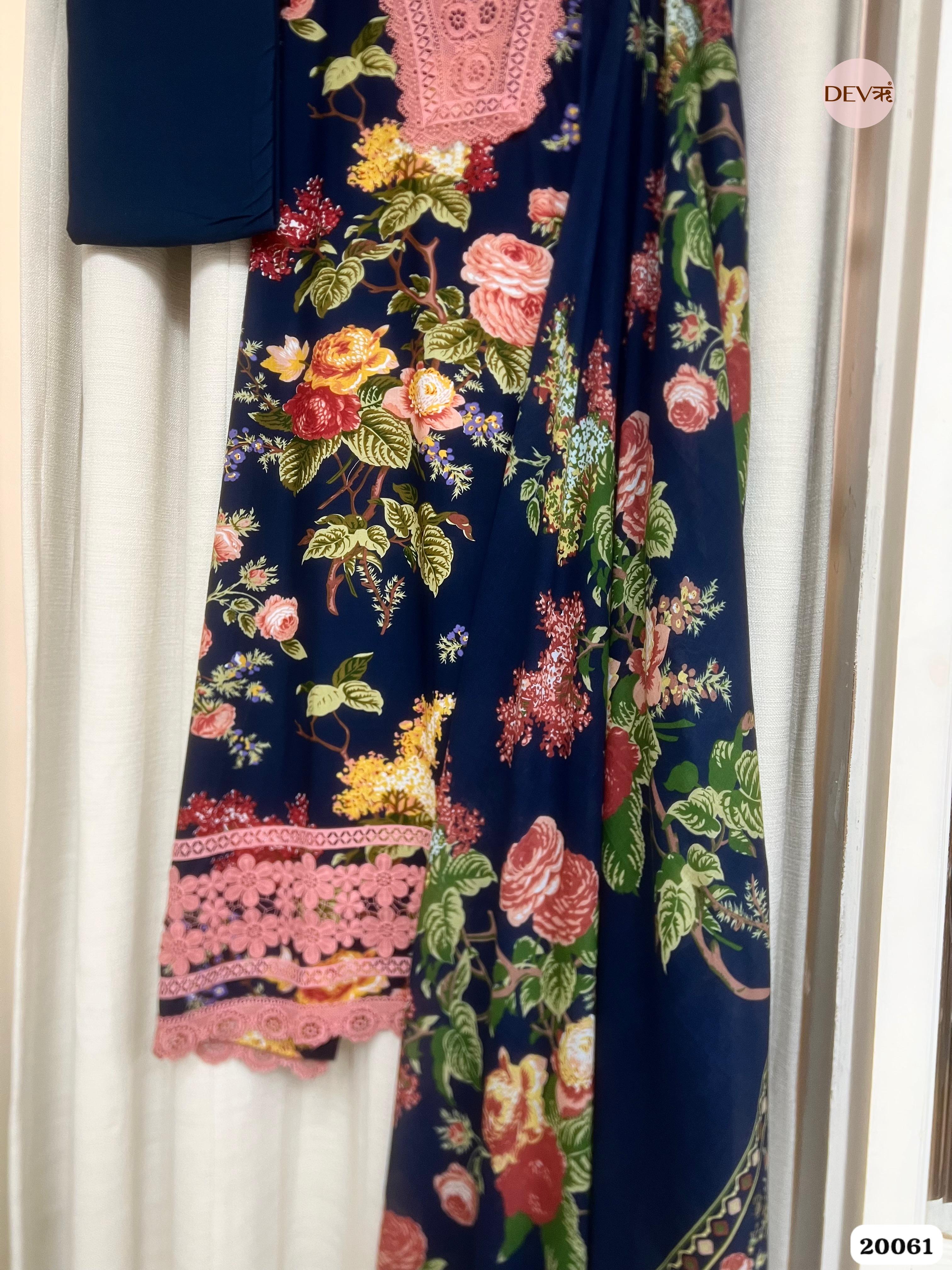 Navy Blue Cotton Printed Unstitched 3-Piece Suit (Devri – D.No. 20061)