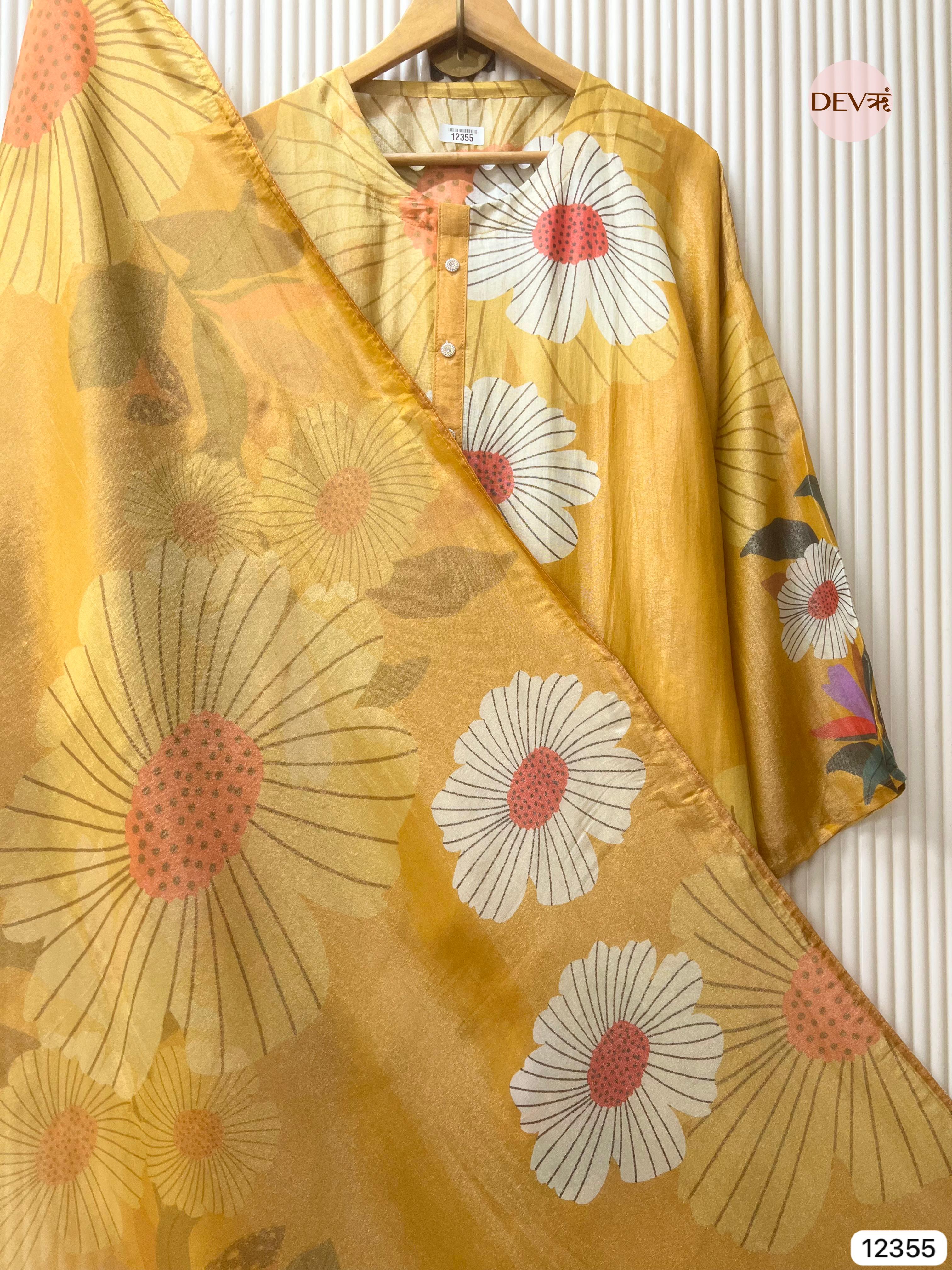 Mustard Yellow Shimmer Silk Printed Unstitched 3-Piece Suit (Devri – D.No 12355)