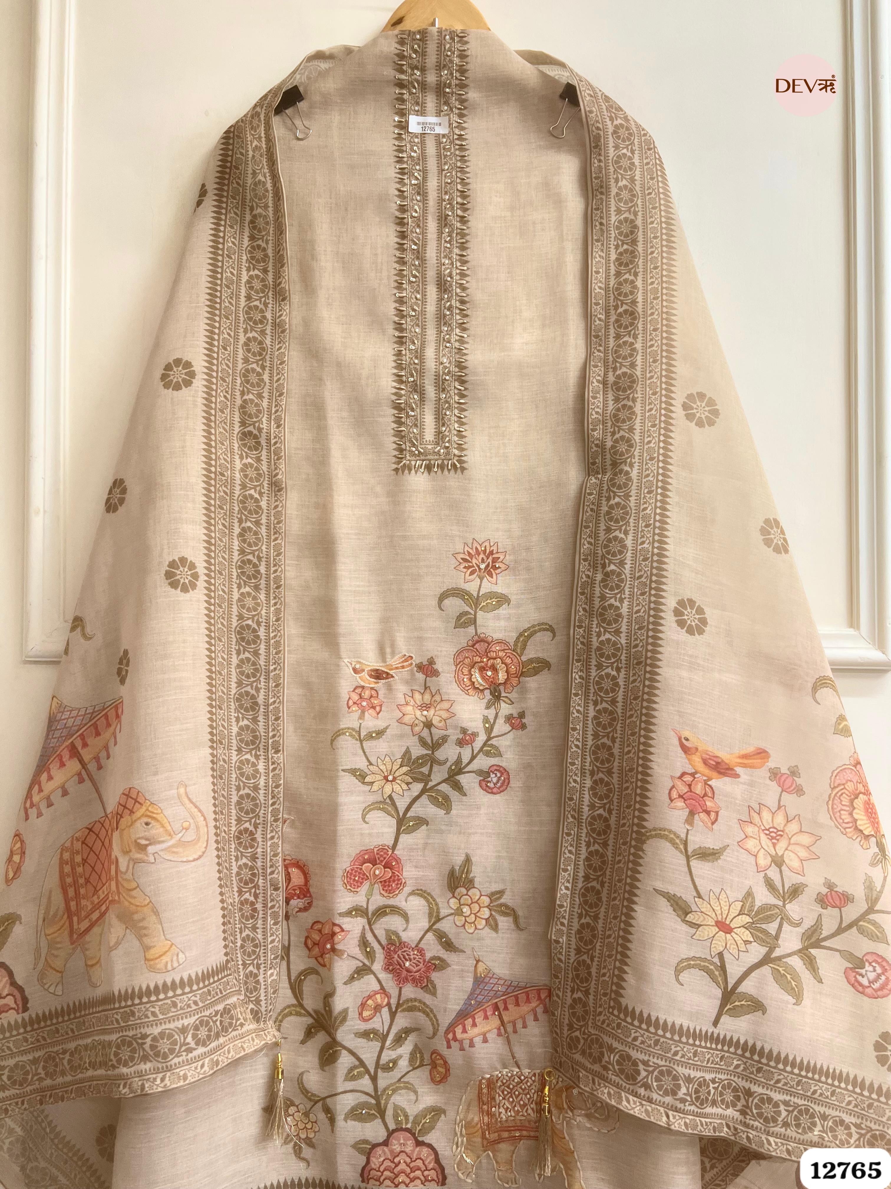 Beige Linen Cotton Embroidered Unstitched 3-Piece Suit (Devri – D.No 12765)