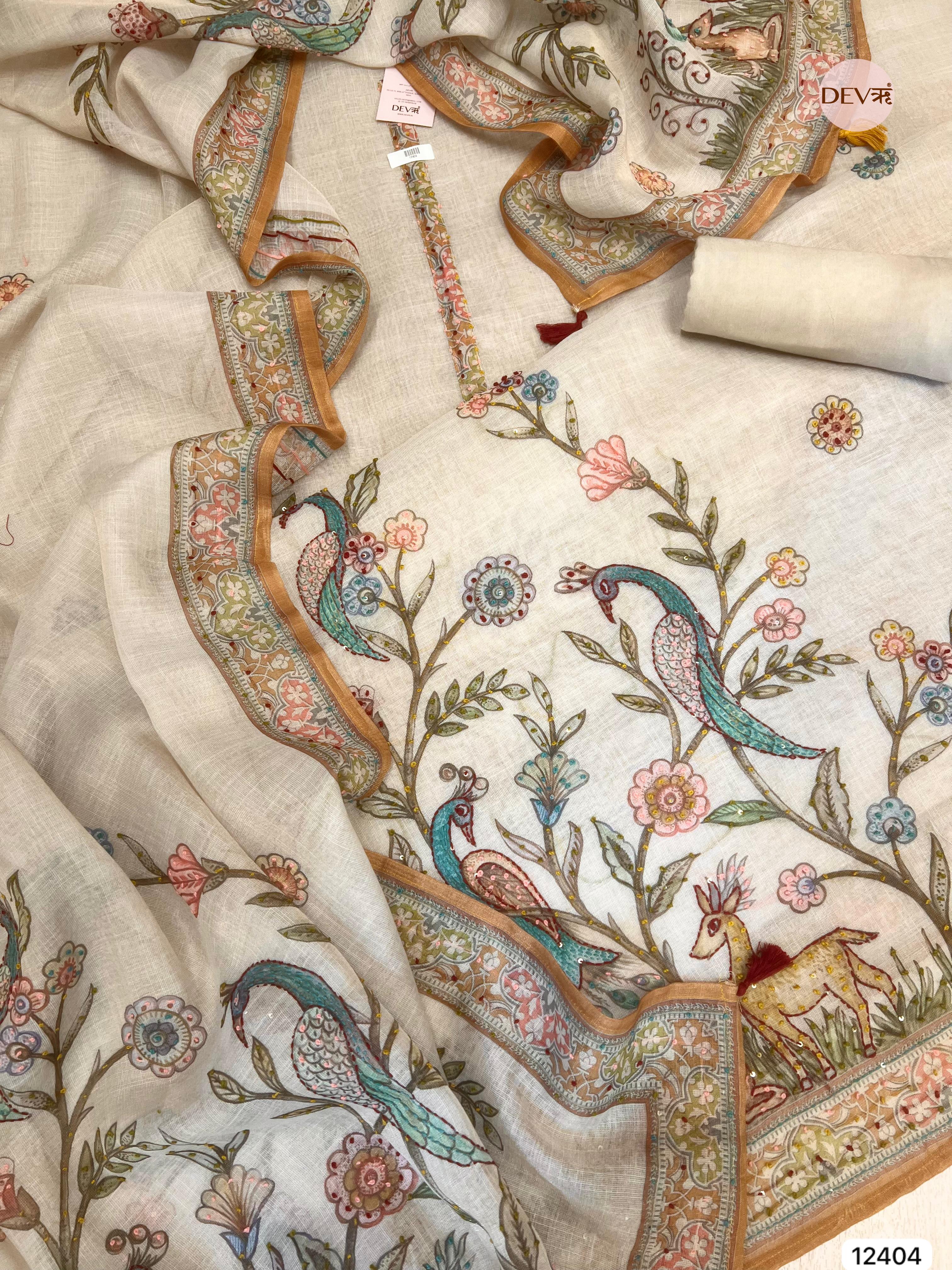Beige Pure Linen Cotton Printed Unstitched 3-Piece Suit (Devri – D.No 12404)