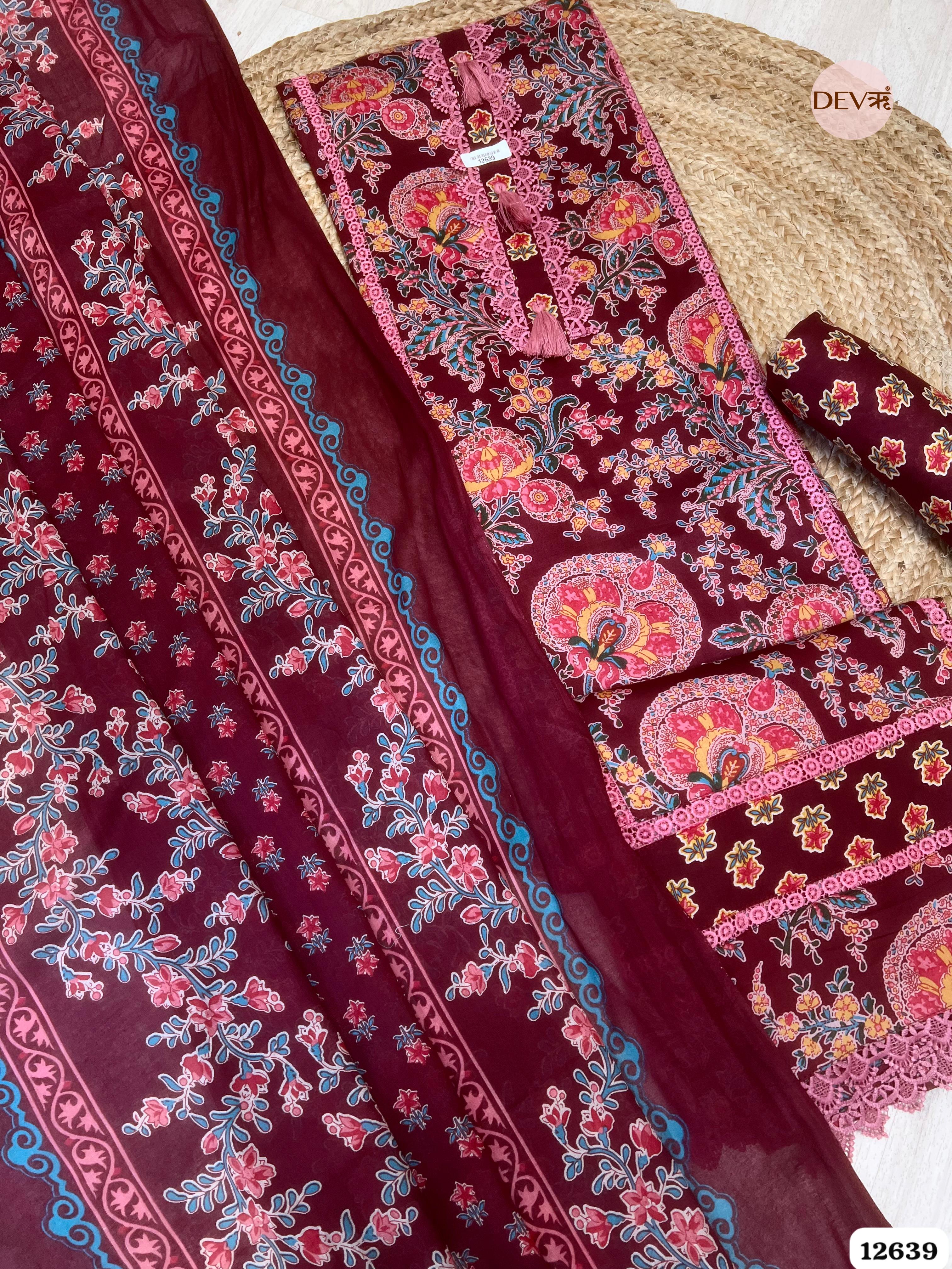 Wine Cotton Floral Printed Unstitched 3-Piece Suit (Devri – D.No 12639)
