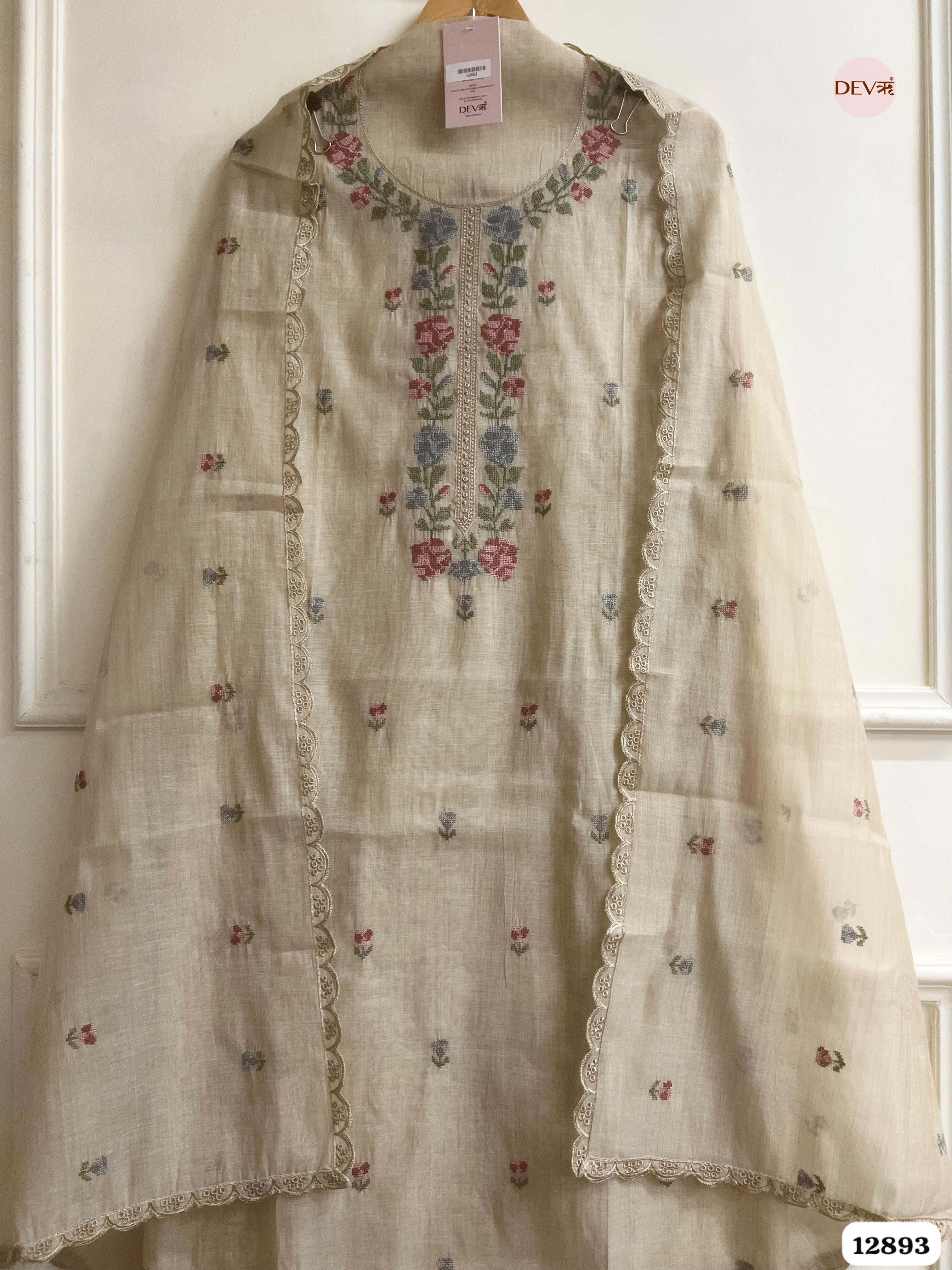 Beige Mul Chanderi Embroidered Unstitched 3-Piece Suit (Devri – D.No 12893)