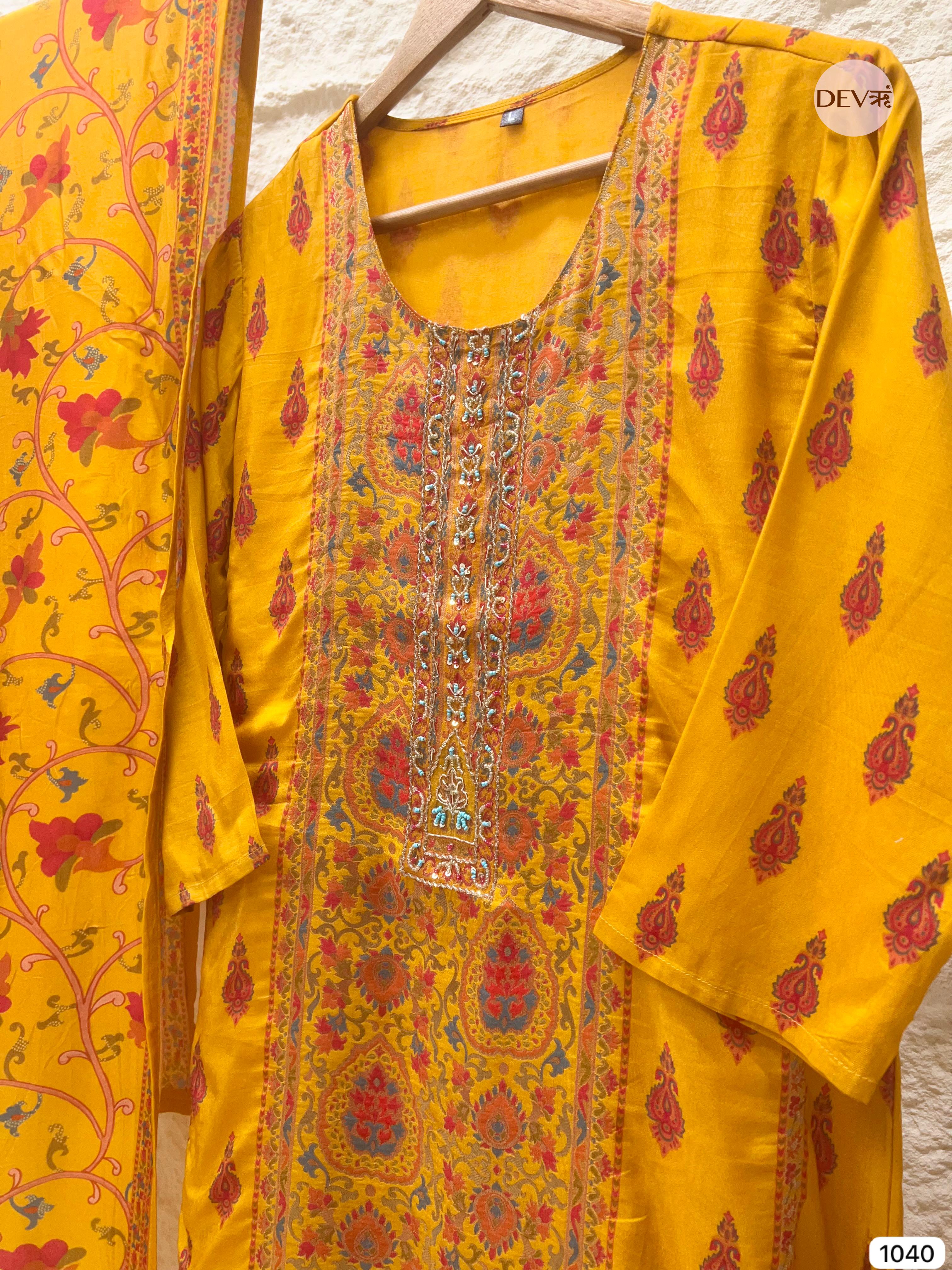 Suhani Pure Modal Silk Printed Yellow 3-Piece Set (Devri – D.No 1040)