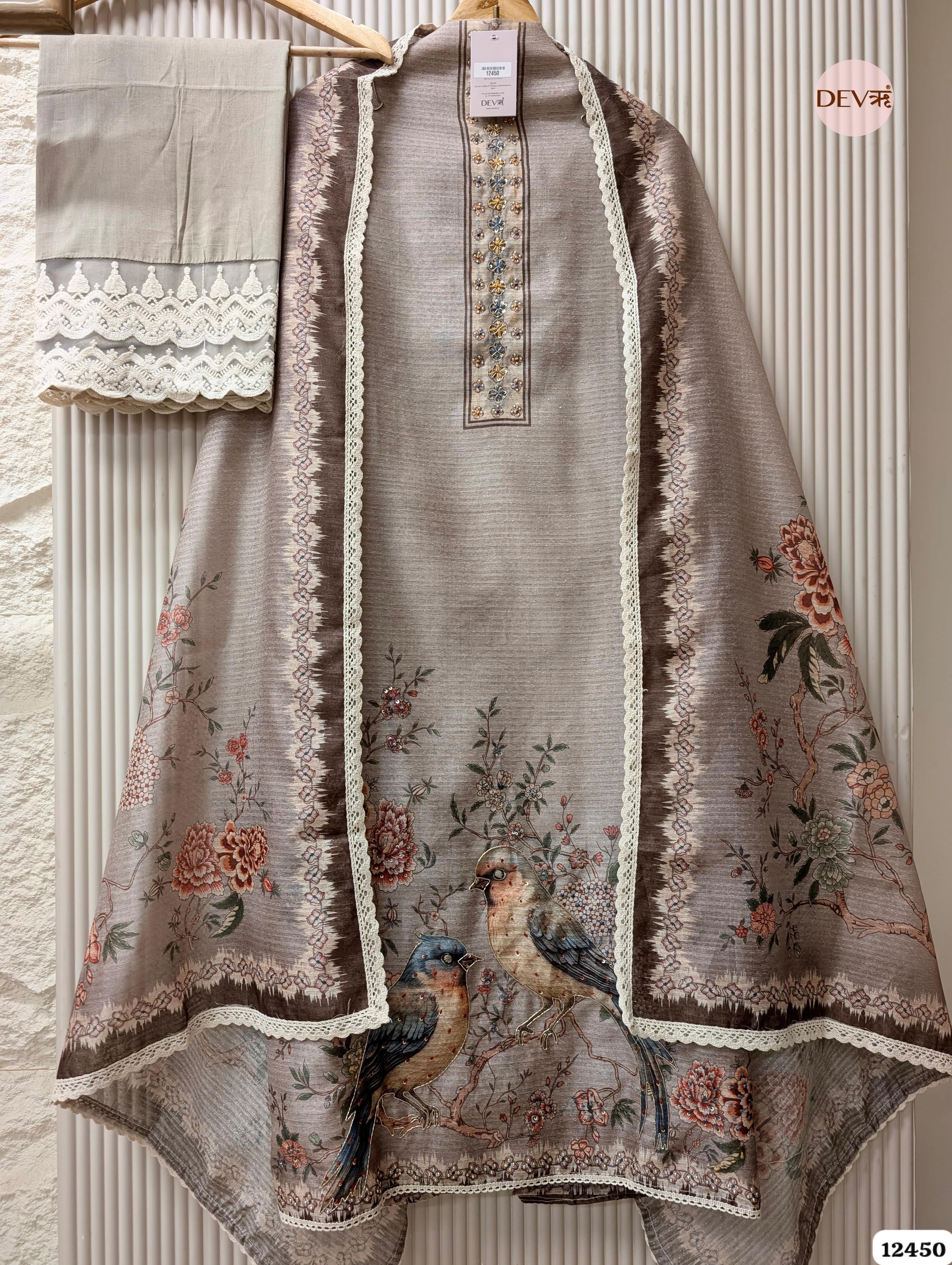 Taupe Grey Linen Cotton Printed Unstitched 3-Piece Suit (Devri – D.No.12450)
