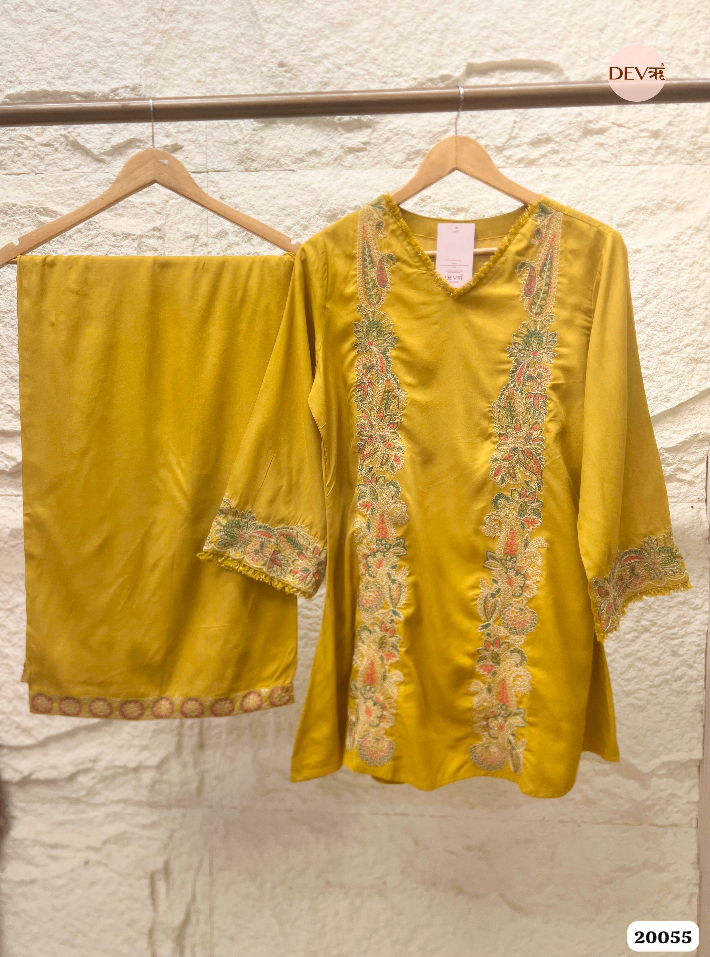 Aarohi German Rayon Embroidered Mustard 2-Piece Set (Devri – D.No 20055)