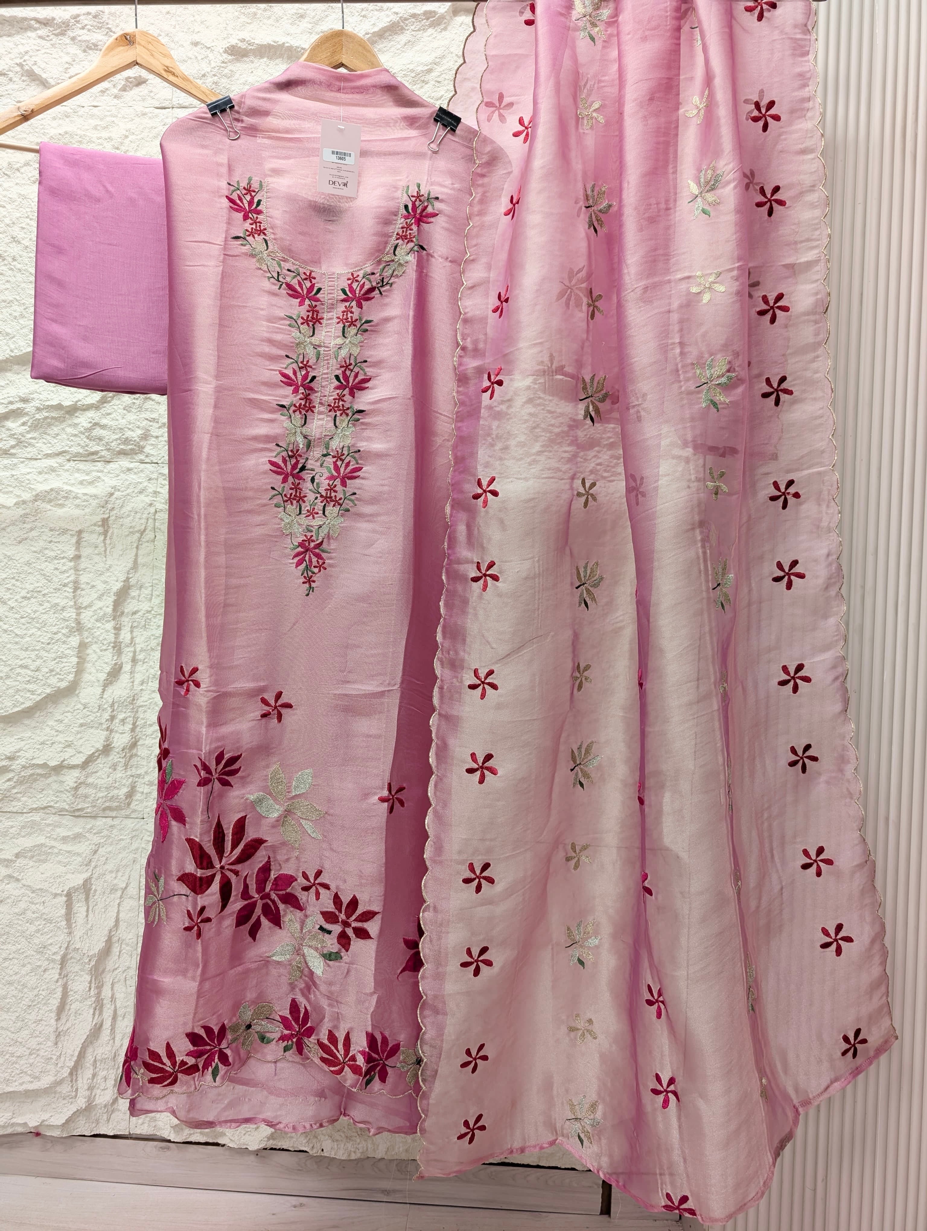 Pink Crush Tissue Silk Embroidered Unstitched 3-Piece Suit (Devri – D.No 13605)