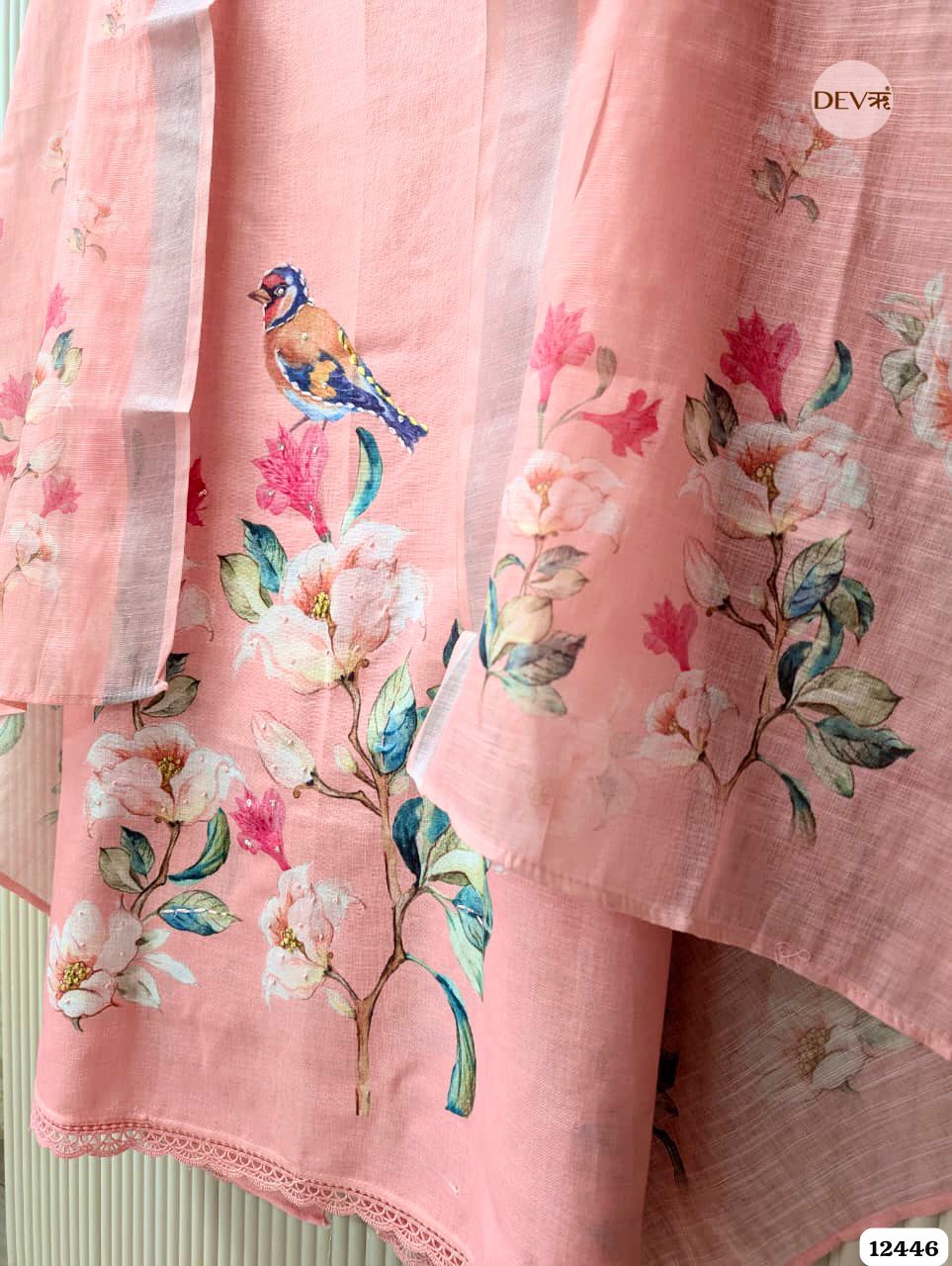 Peach Linen cotton Printed Unstitched 3-Piece Suit (Devri – D.No. 12446)