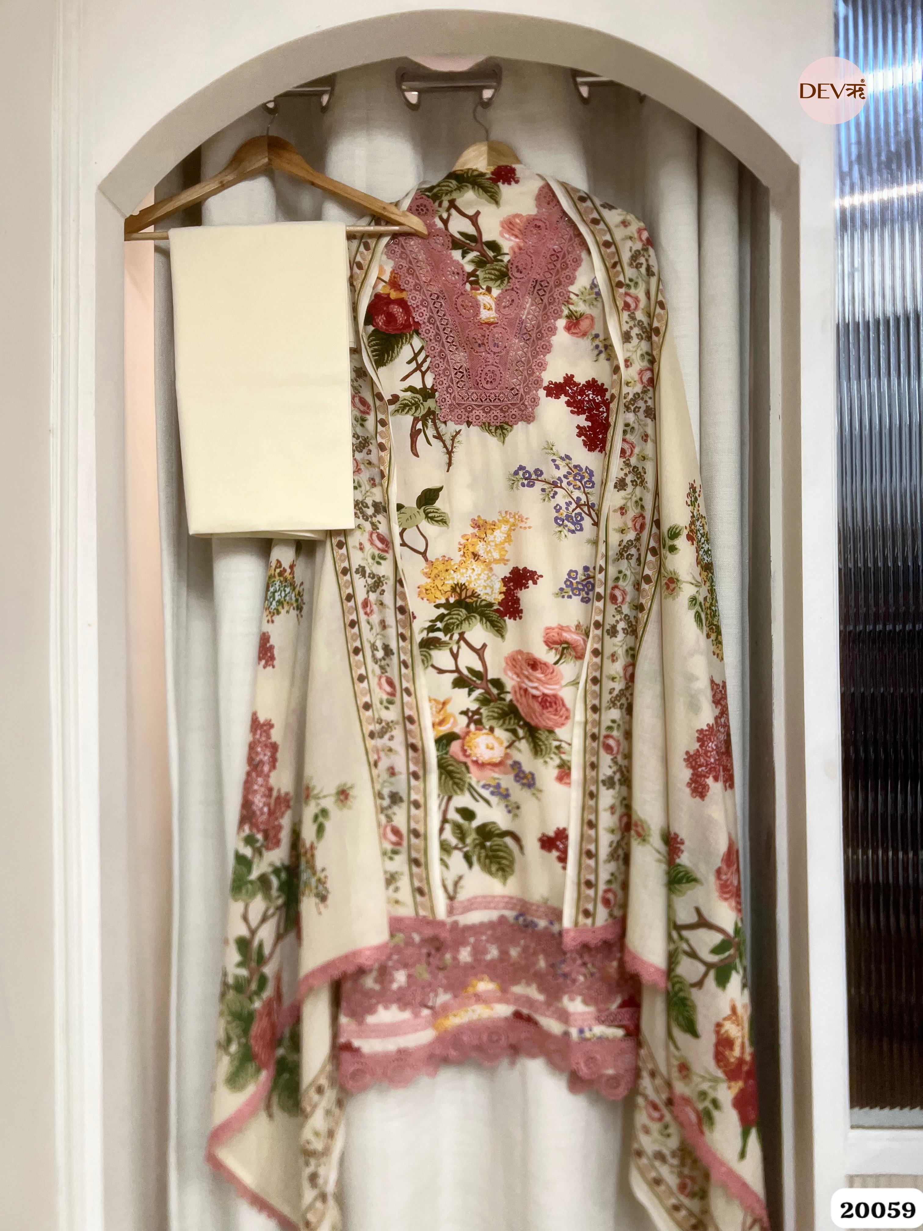 Ivory Cotton Printed Unstitched 3-Piece Suit (Devri – D.No. 20059)