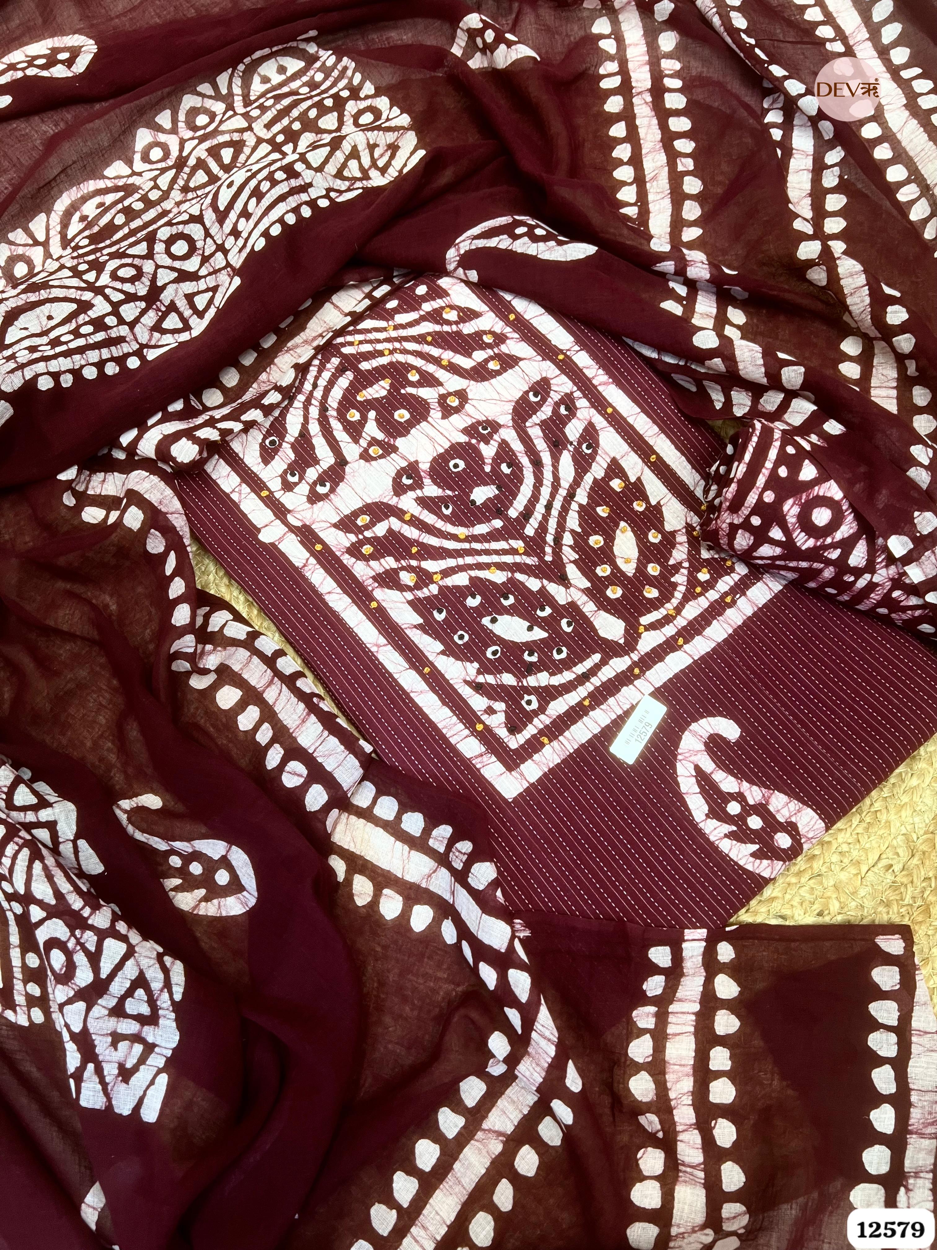 Wine Cotton Batik Printed Unstitched 3-Piece Suit (Devri – D.No 12579)