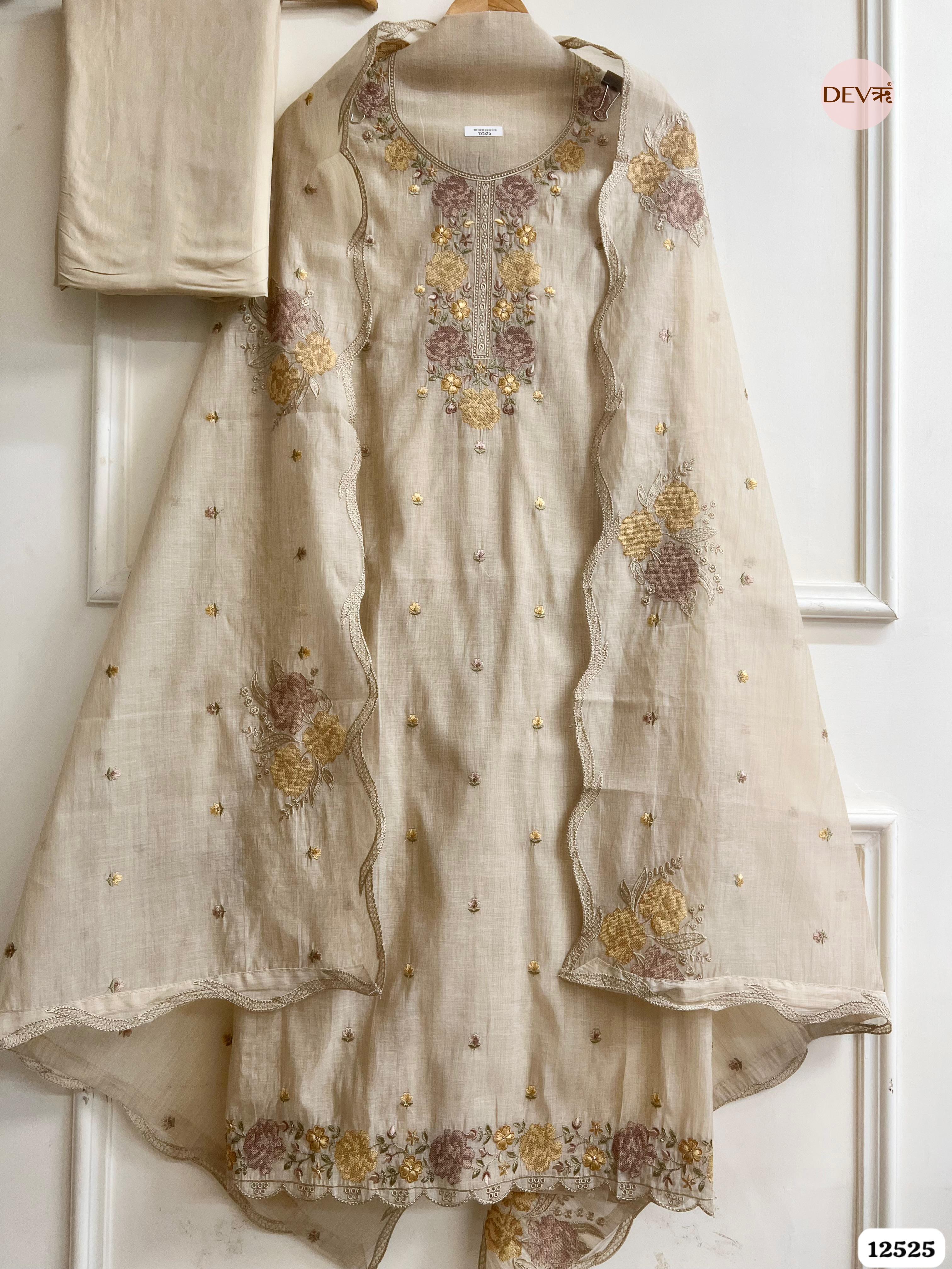 baige Mul Chanderi Embroidered Unstitched 3-Piece Suit (Devri – D.No . 12525)