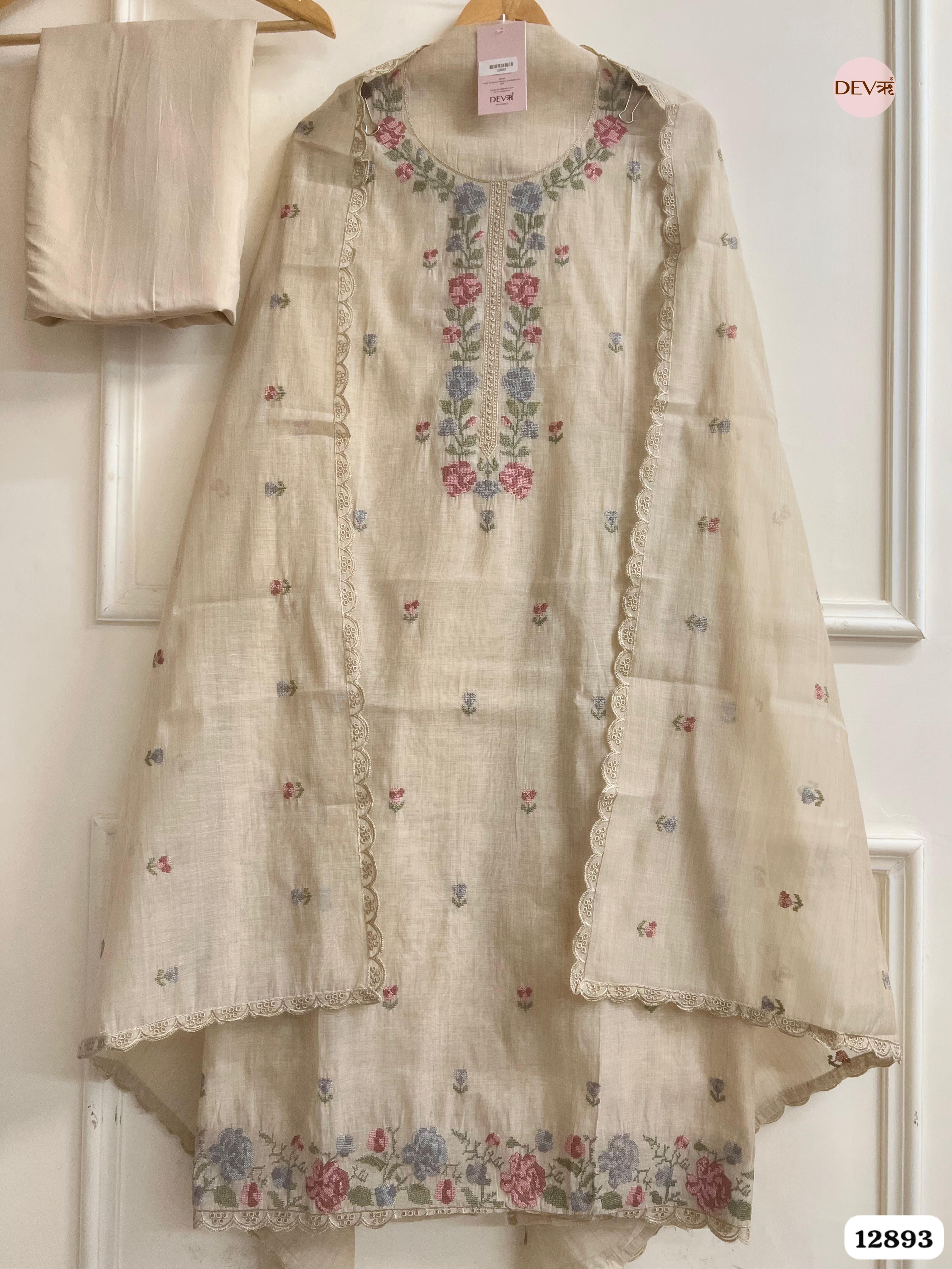 Beige Mul Chanderi Embroidered Unstitched 3-Piece Suit (Devri – D.No 12893)