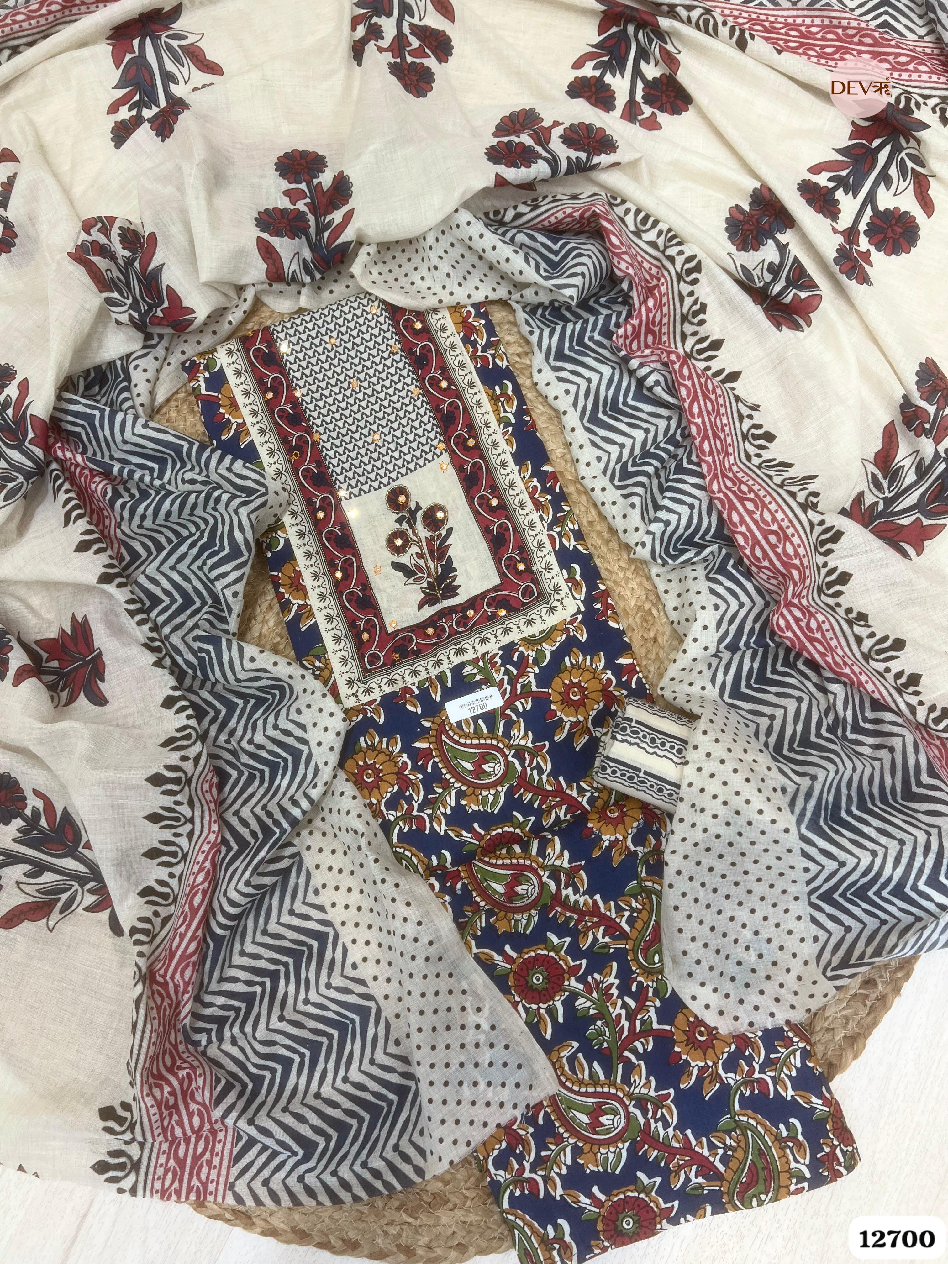 Red White Cotton Printed Unstitched 3-Piece Suit (Devri – D.No 12700)