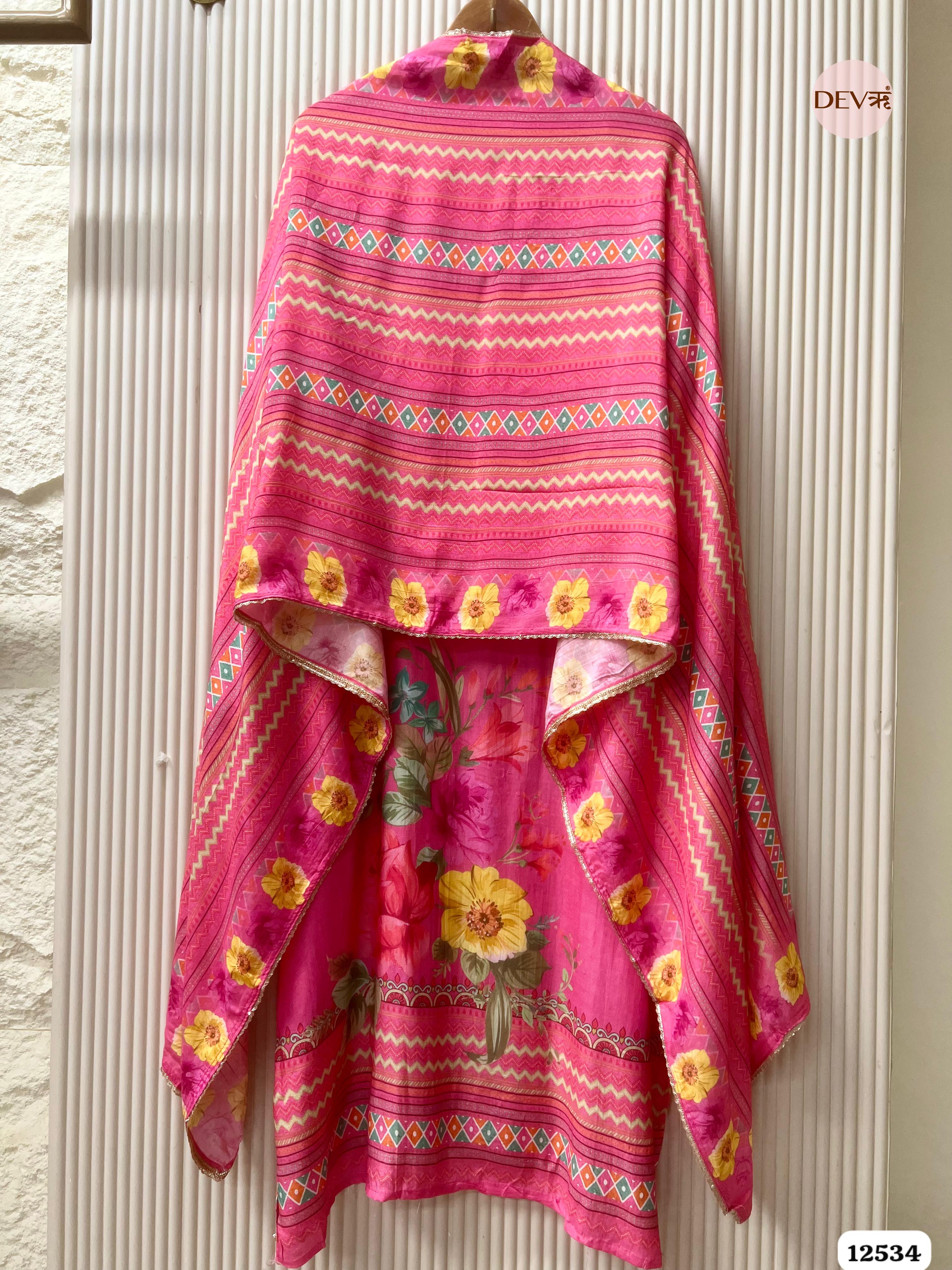 Deep Pink Muslin Printed Unstitched 3-Piece Suit (Devri – D.No . 12534)