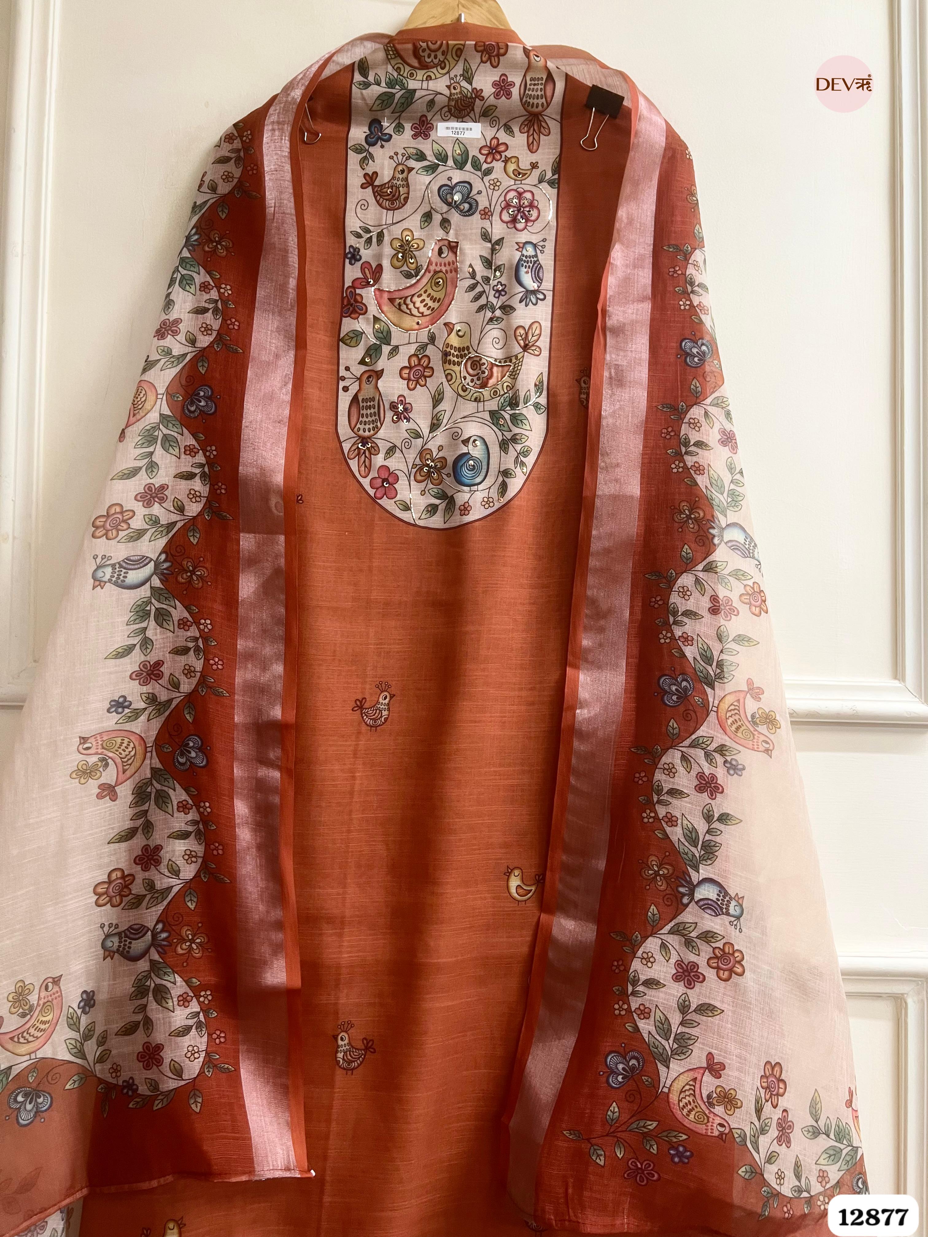 Rust Orange Linen Cotton Printed Unstitched 3-Piece Suit (Devri – D.No 12877)