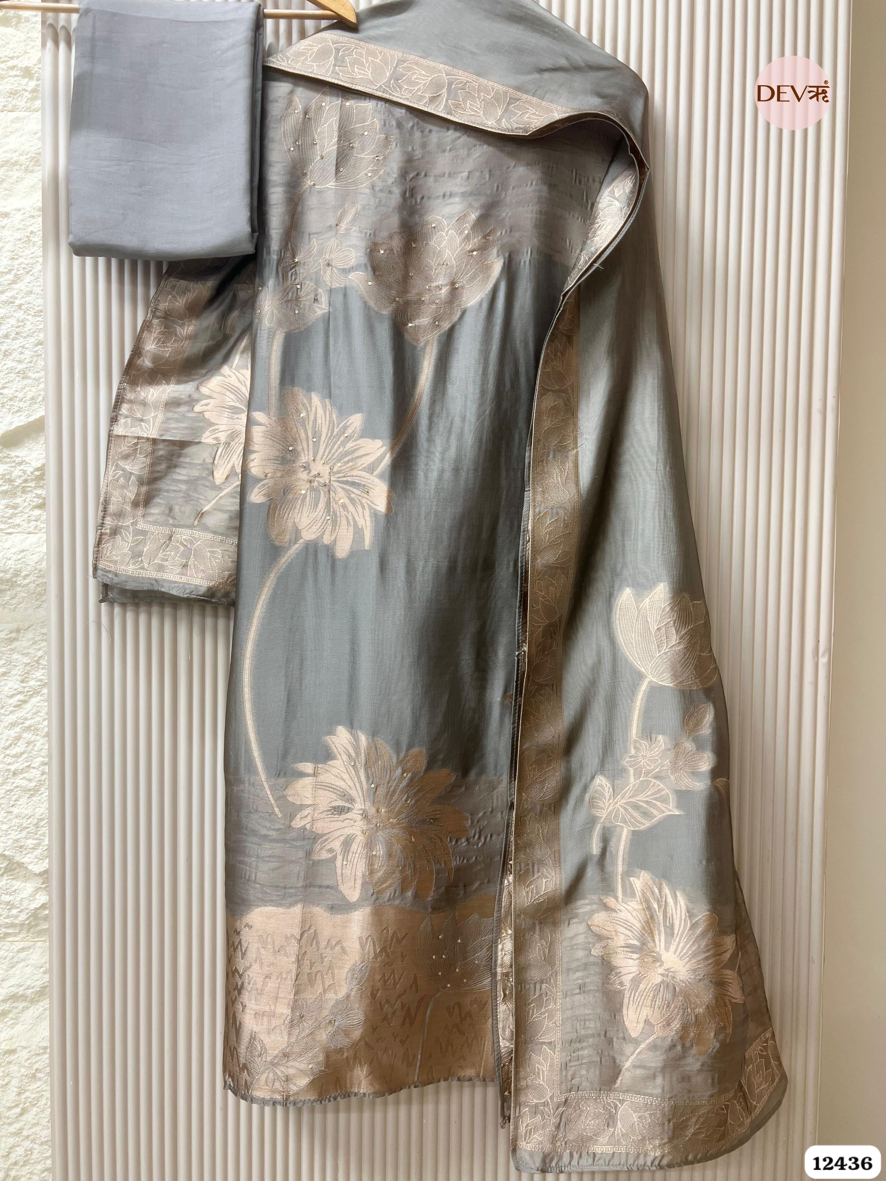 Steel Grey Banarasi Silk Printed Unstitched 3-Piece Suit (Devri – D.No. 12436)