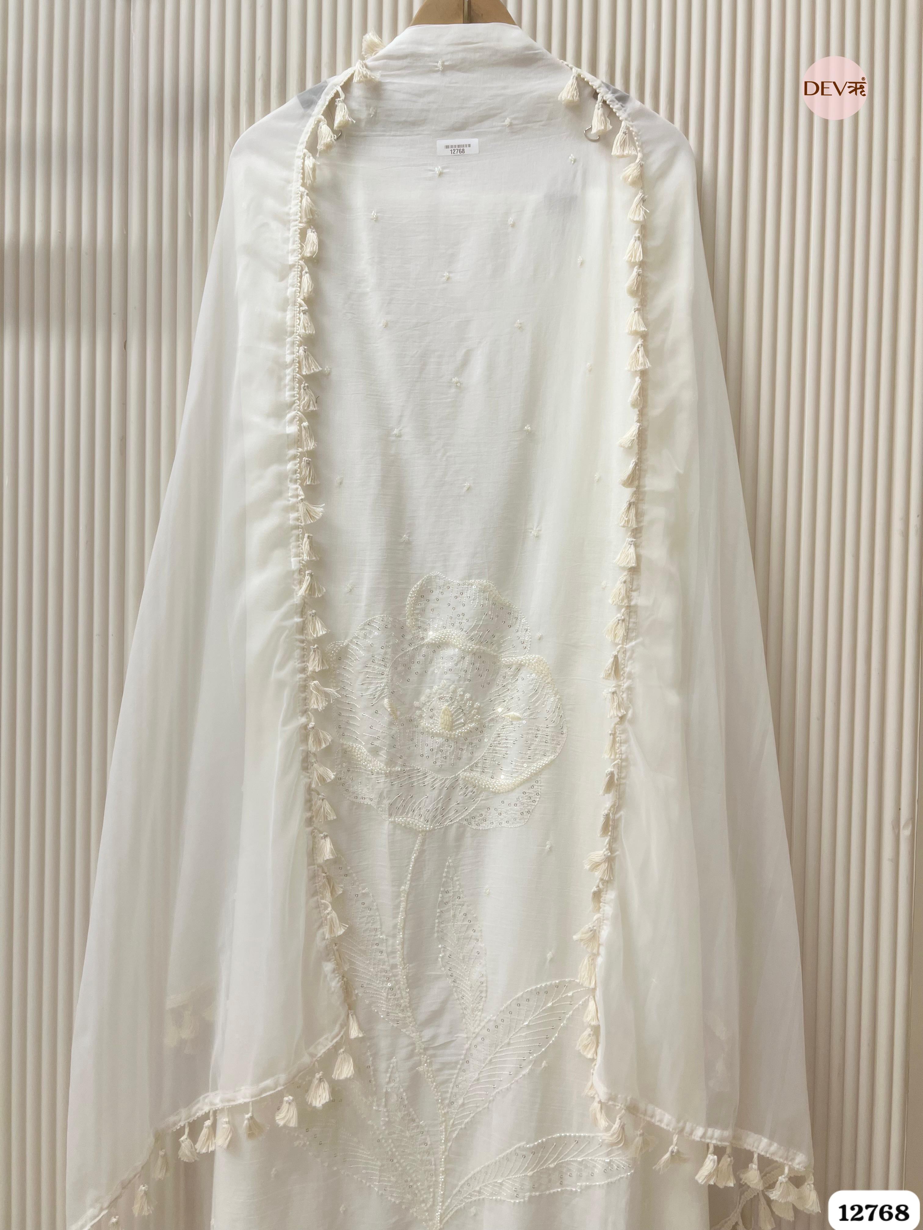 White Mul Cotton Embroidered Unstitched 3-Piece Suit (Devri – D.No 12768)