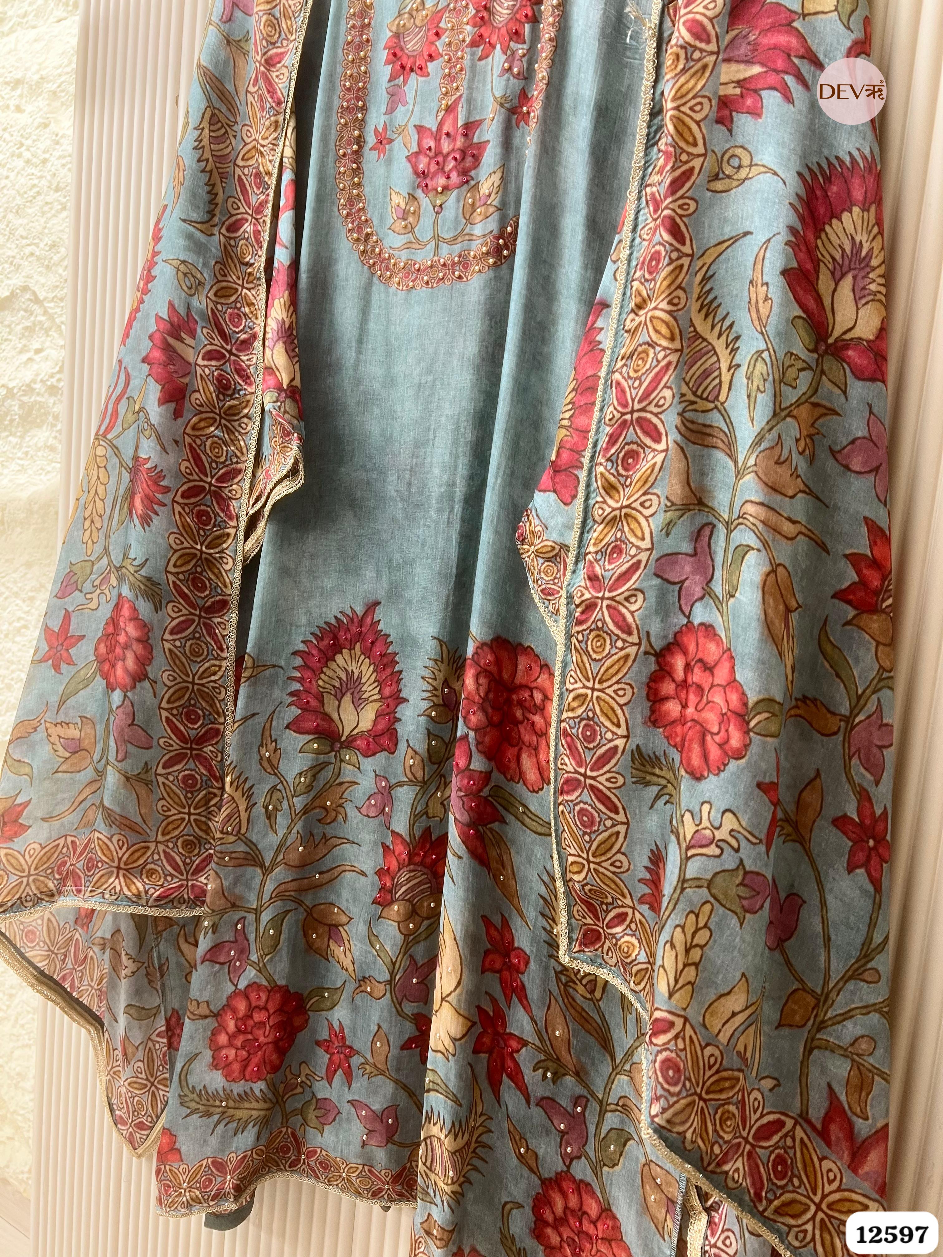 Teal Blue Muslin Floral Printed Unstitched 3-Piece Suit (Devri – D.No 12597)