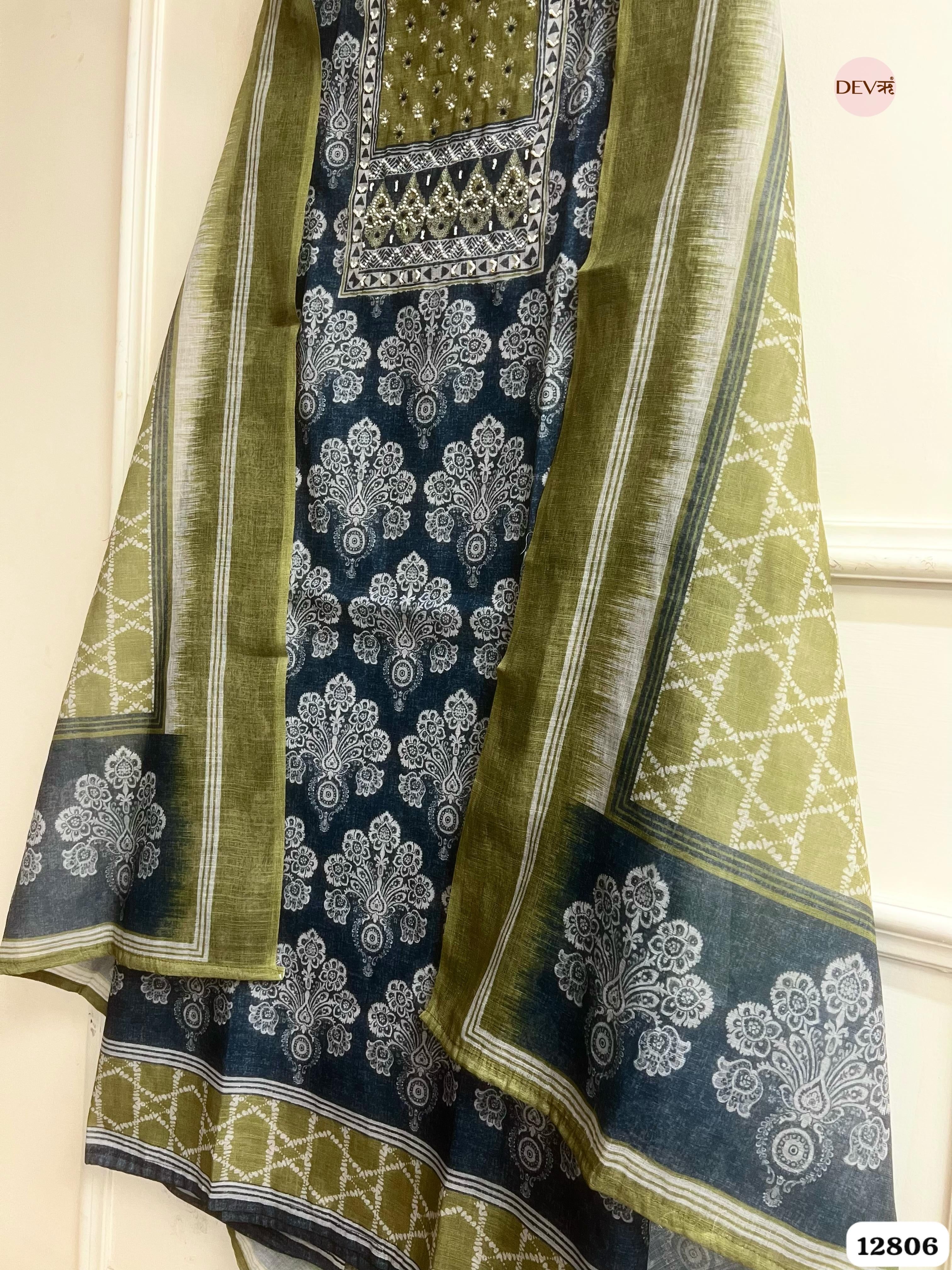 Olive Linen Cotton Printed Unstitched 3-Piece Suit (Devri – D.No 12806)