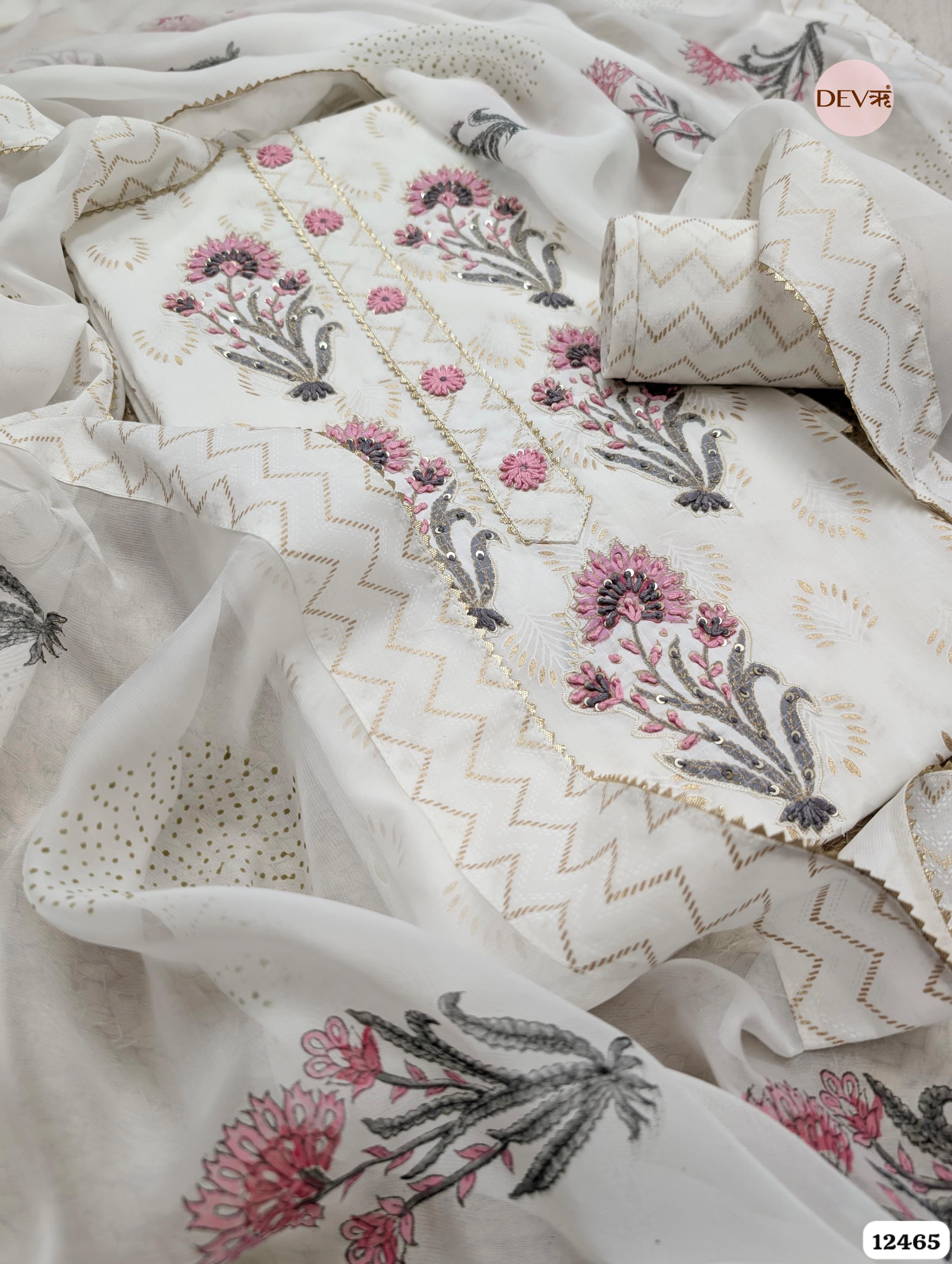 White Cotton Embroidered Unstitched 3-Piece Suit (Devri – D.No. 12465)