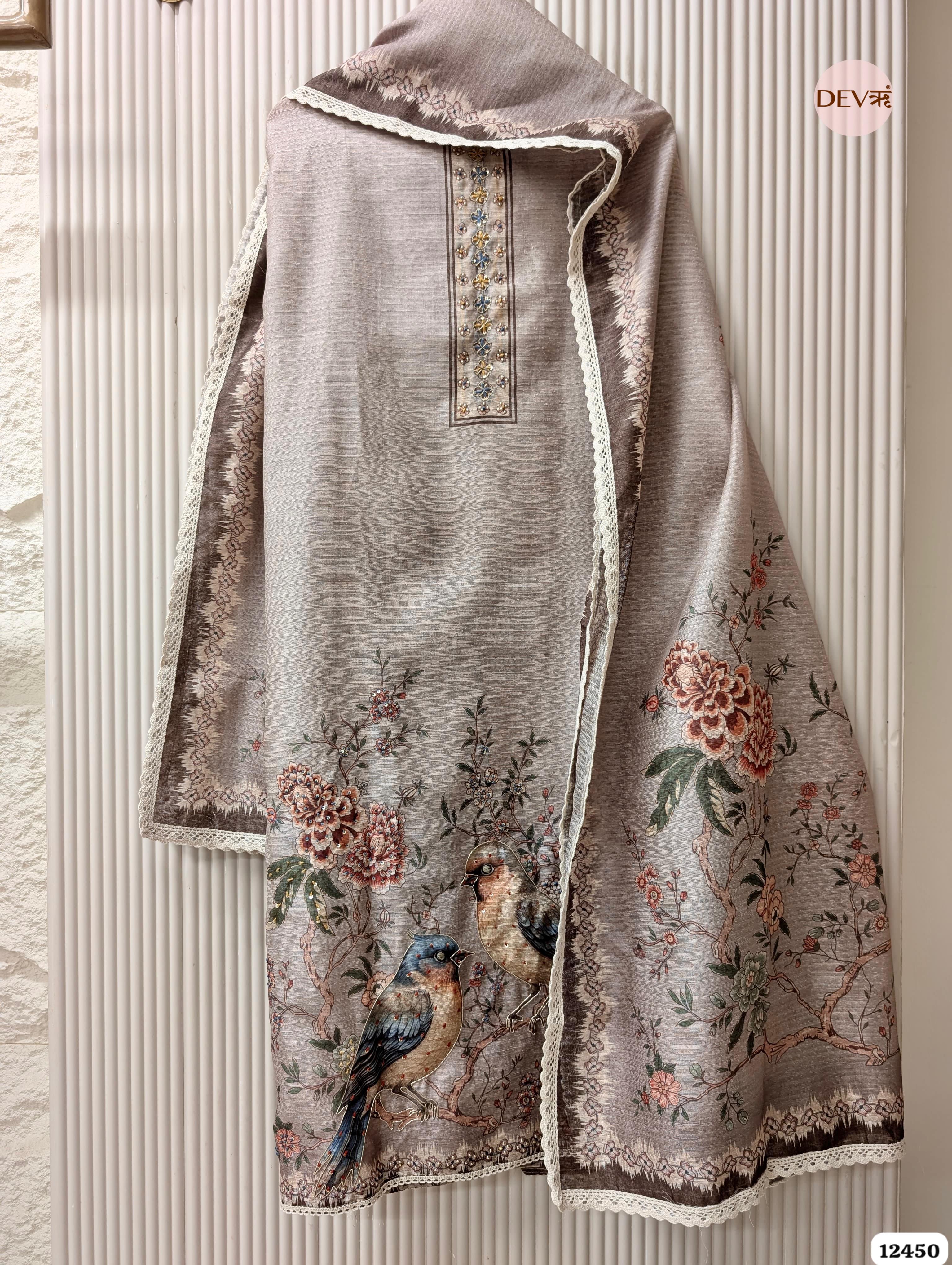 Taupe Grey Linen Cotton Printed Unstitched 3-Piece Suit (Devri – D.No.12450)